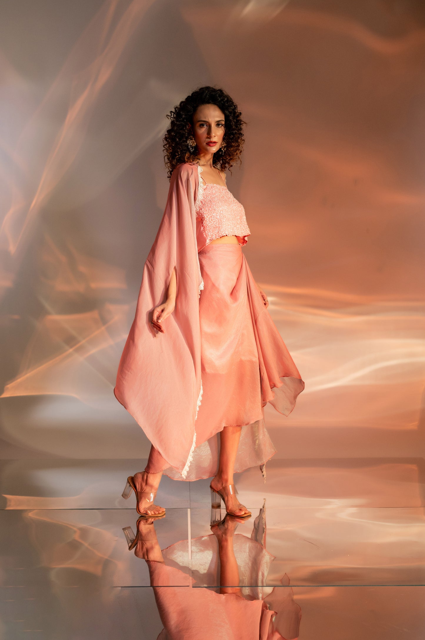 Nazma Embellished Bustier with Drape Skirt and Cape Set