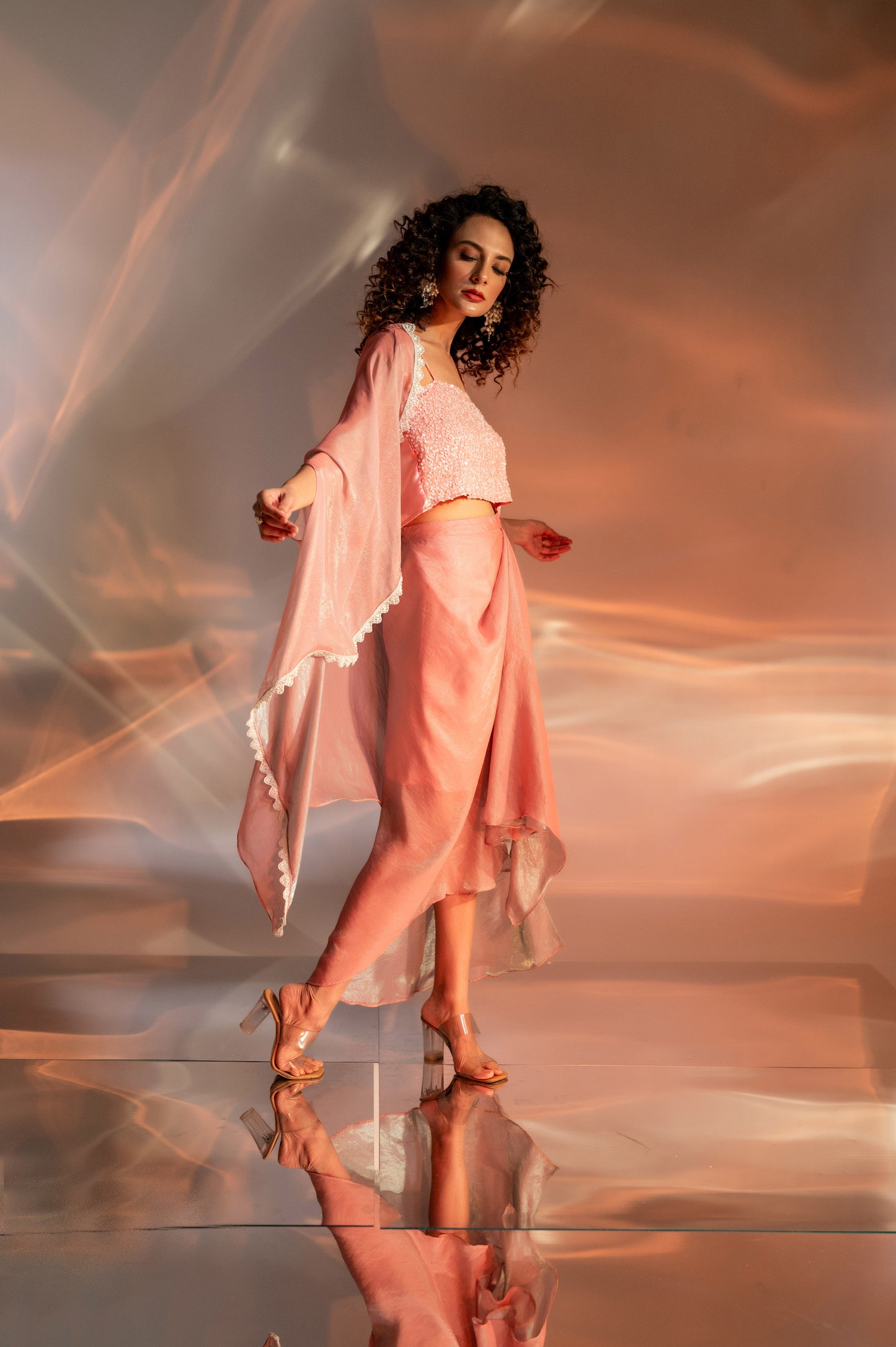 Nazma Embellished Bustier with Drape Skirt and Cape Set