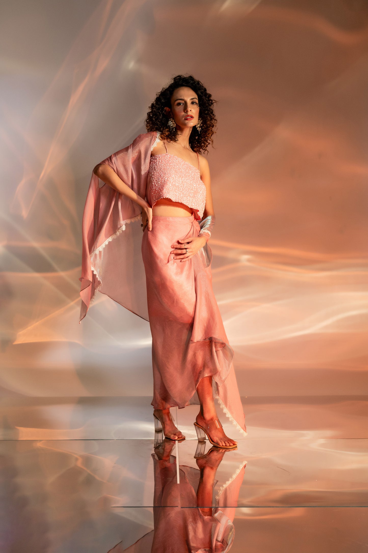 Nazma Embellished Bustier with Drape Skirt and Cape Set