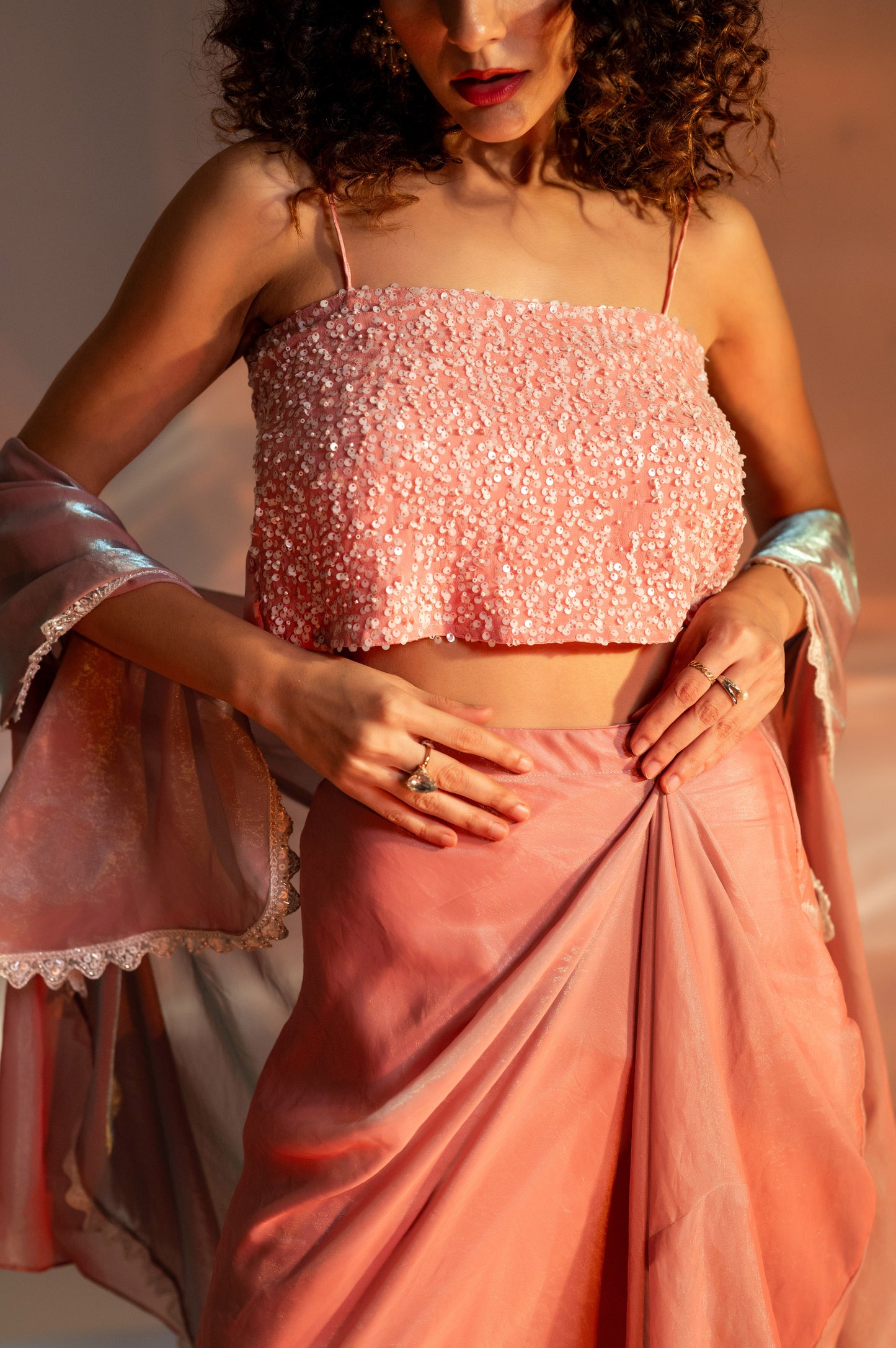 Nazma Embellished Bustier with Drape Skirt and Cape Set