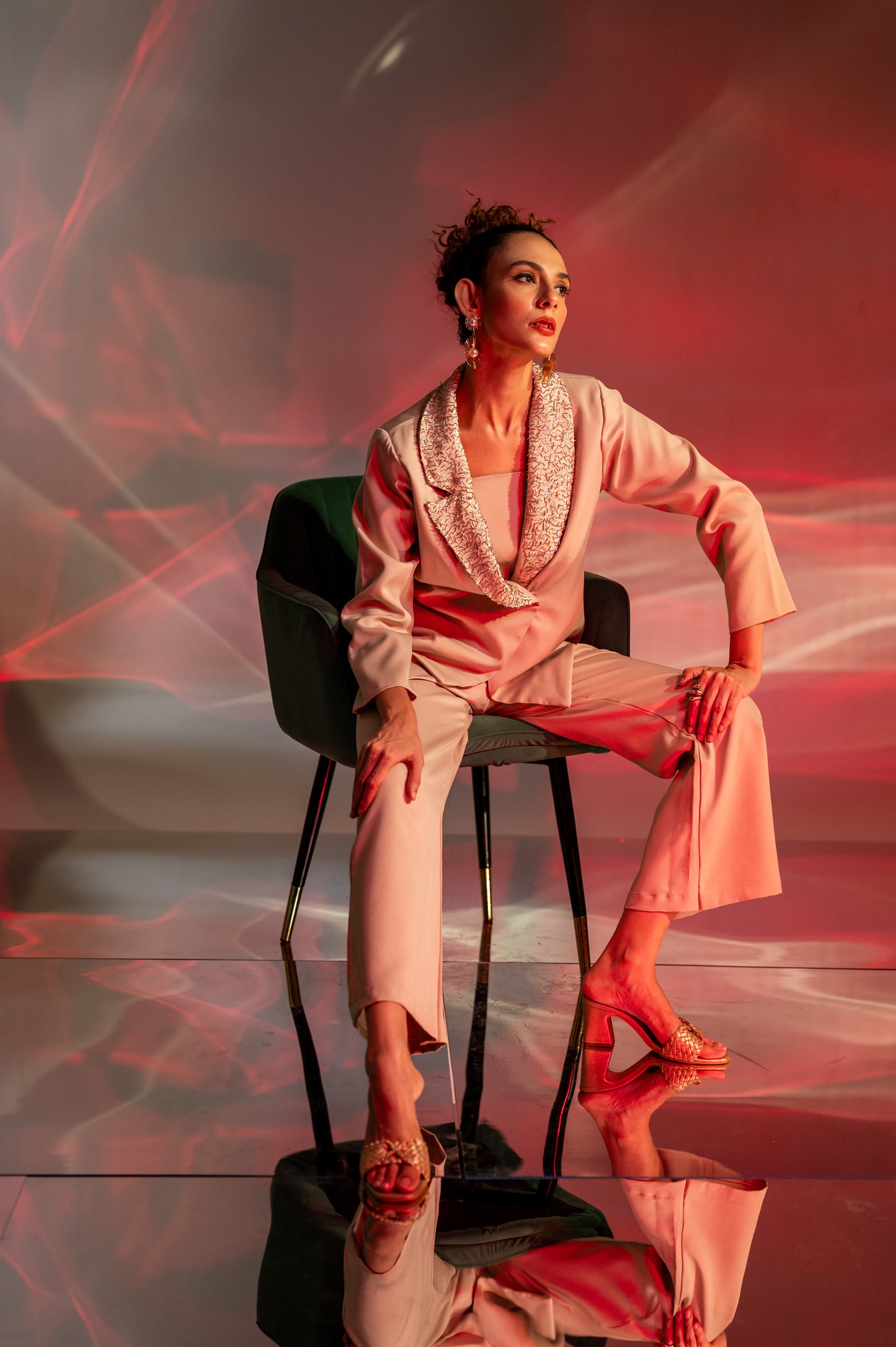 Beige Embellished Blazer and Pant Set