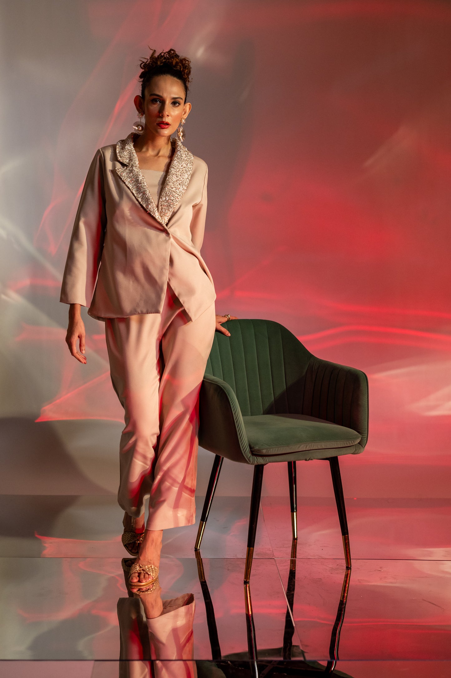 Beige Embellished Blazer and Pant Set