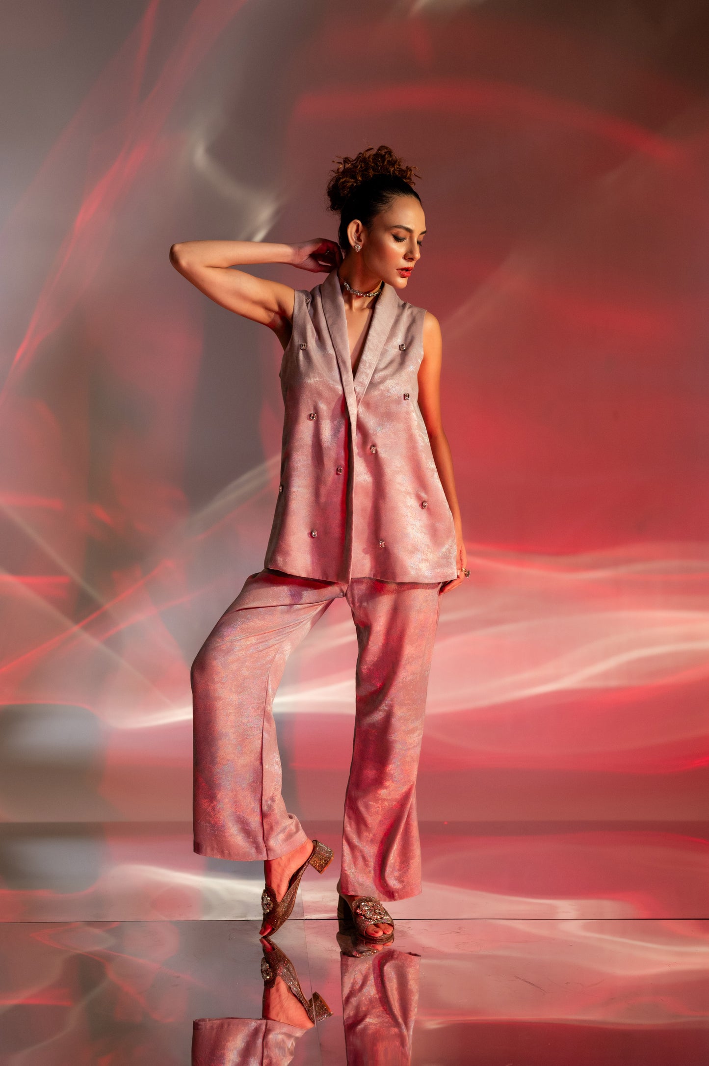 Foil Embellished Blazer and Pants Set