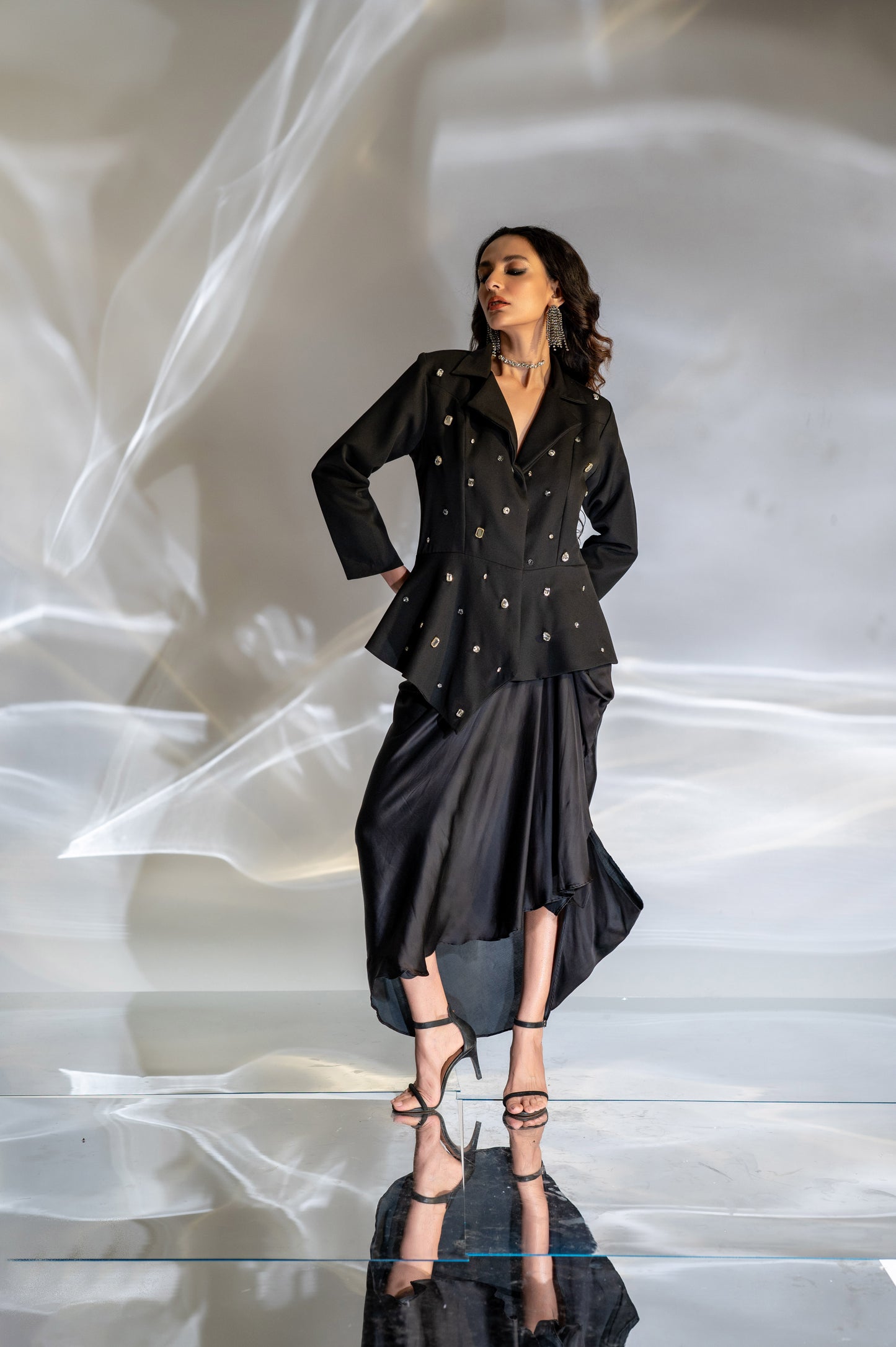 Noor Embellished Peplum Blazer and Skirt Set in Black