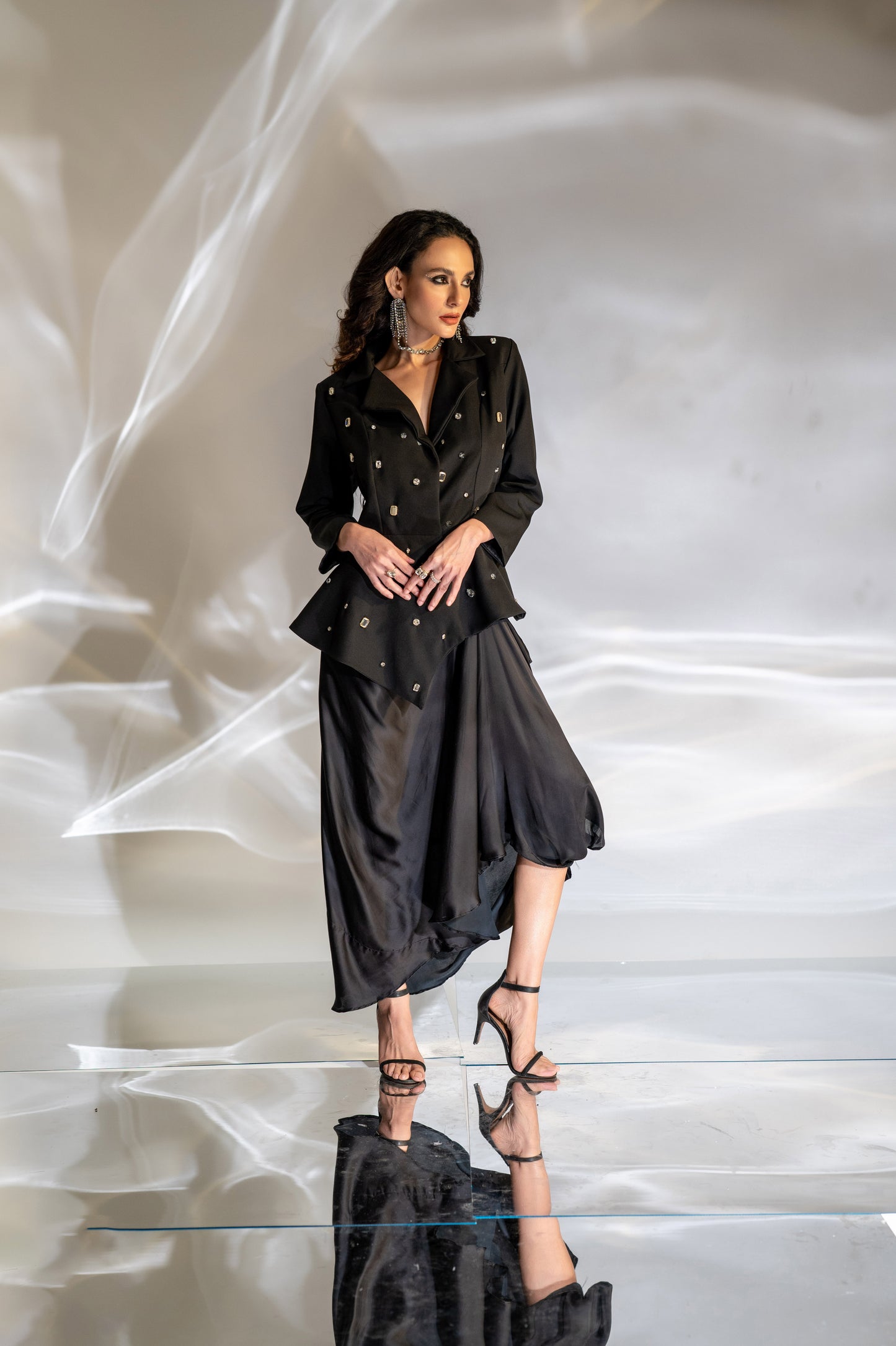 Noor Embellished Peplum Blazer and Skirt Set in Black