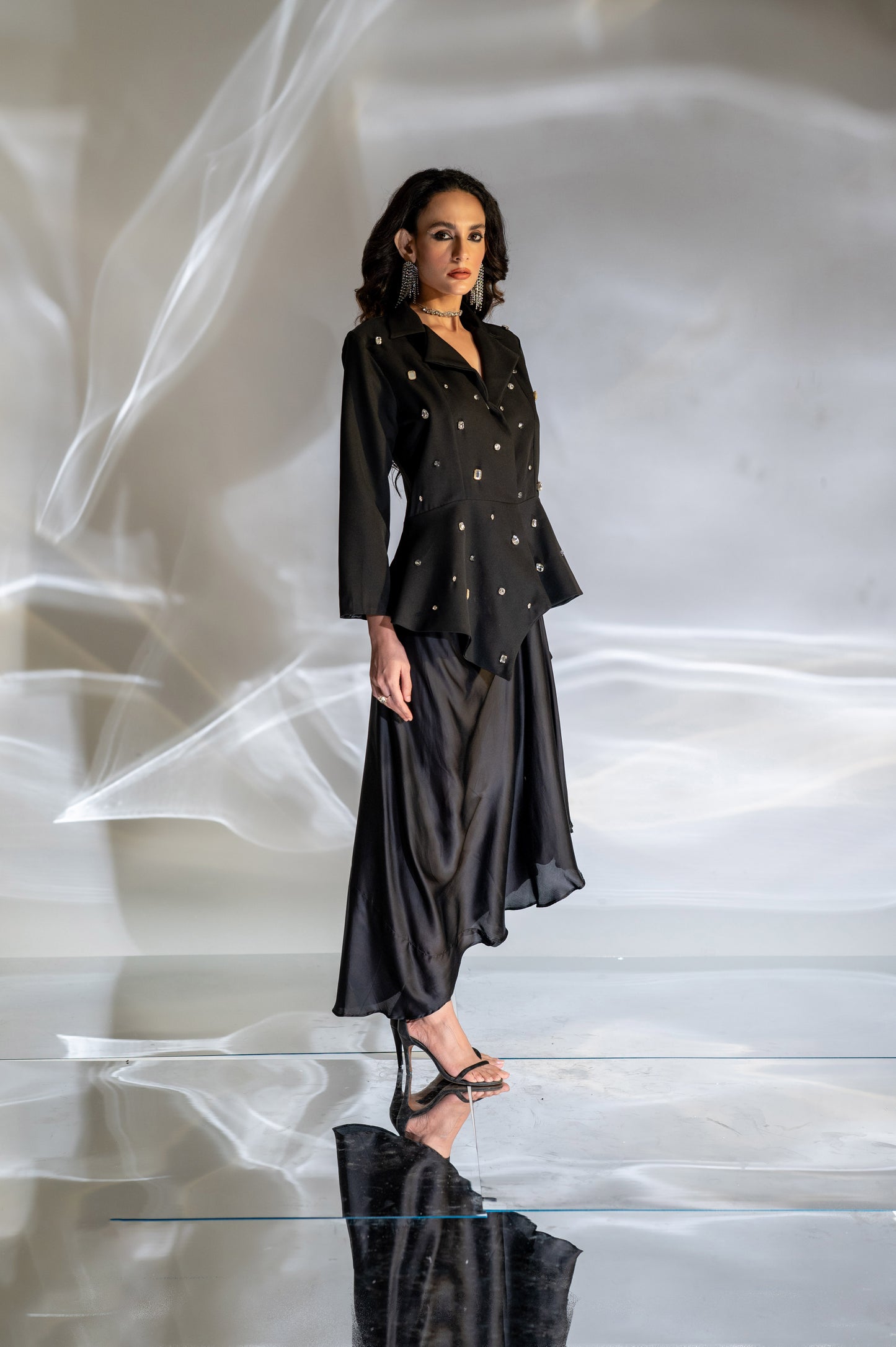 Noor Embellished Peplum Blazer and Skirt Set in Black