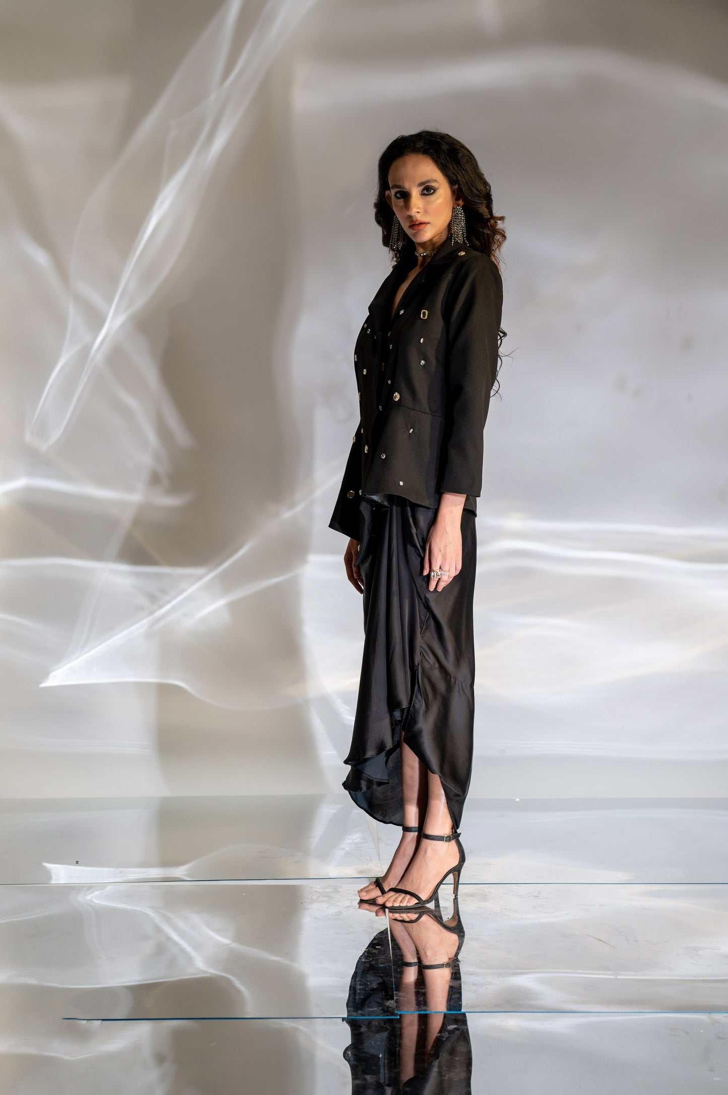 Noor Embellished Peplum Blazer and Skirt Set in Black