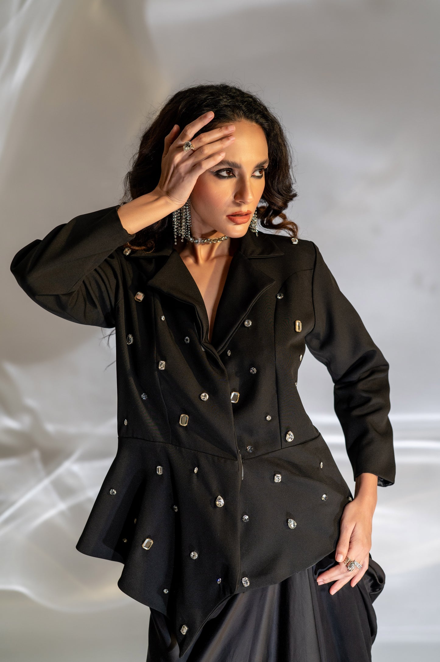 Noor Embellished Peplum Blazer and Skirt Set in Black