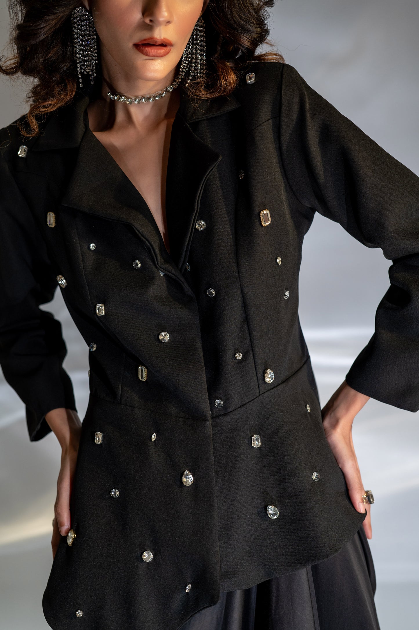 Noor Embellished Peplum Blazer and Skirt Set in Black