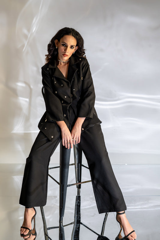 Noor Embellished Peplum Blazer and Pant Set in Black