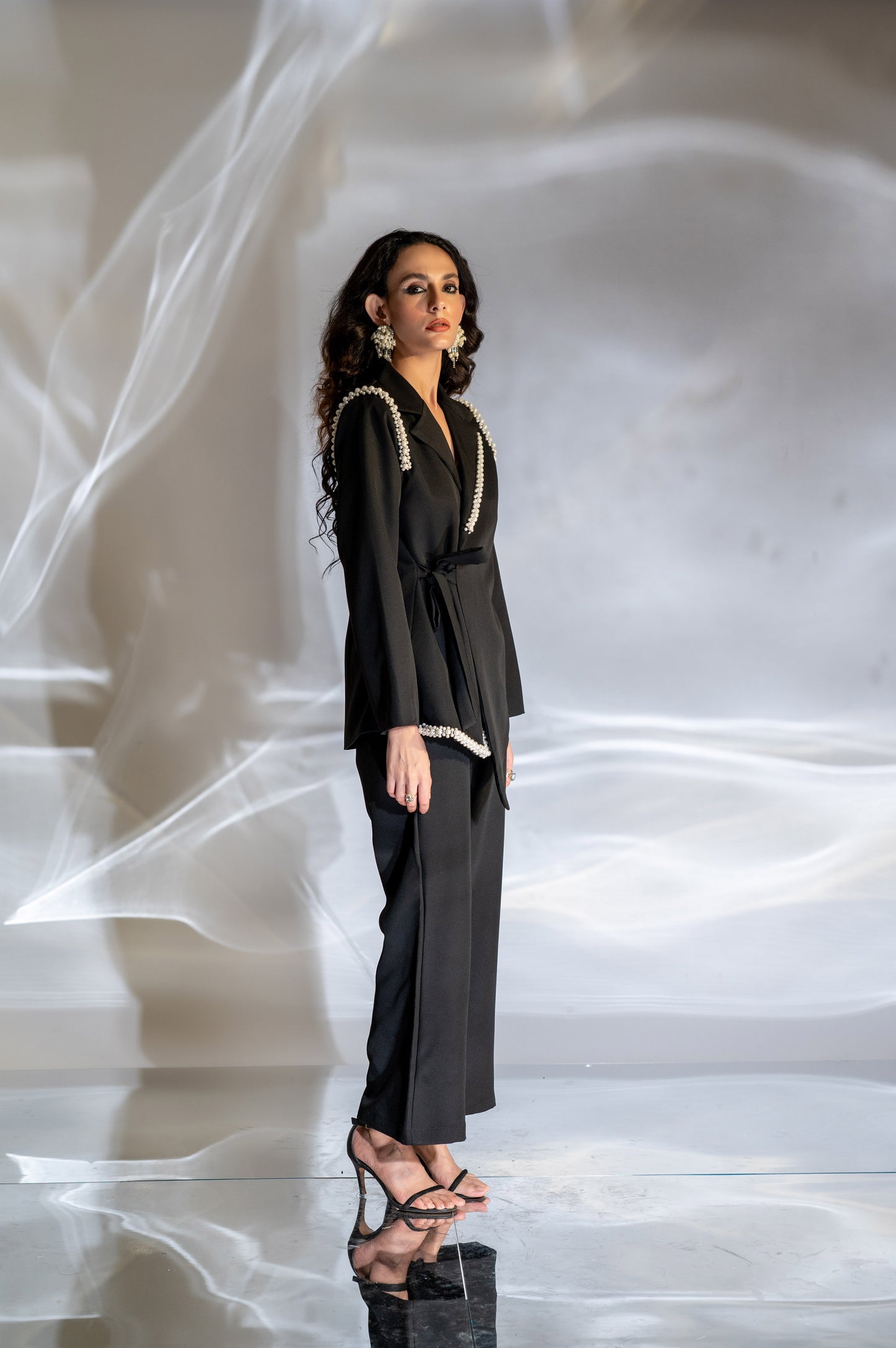 Pearl Embellished Waist Tie Blazer