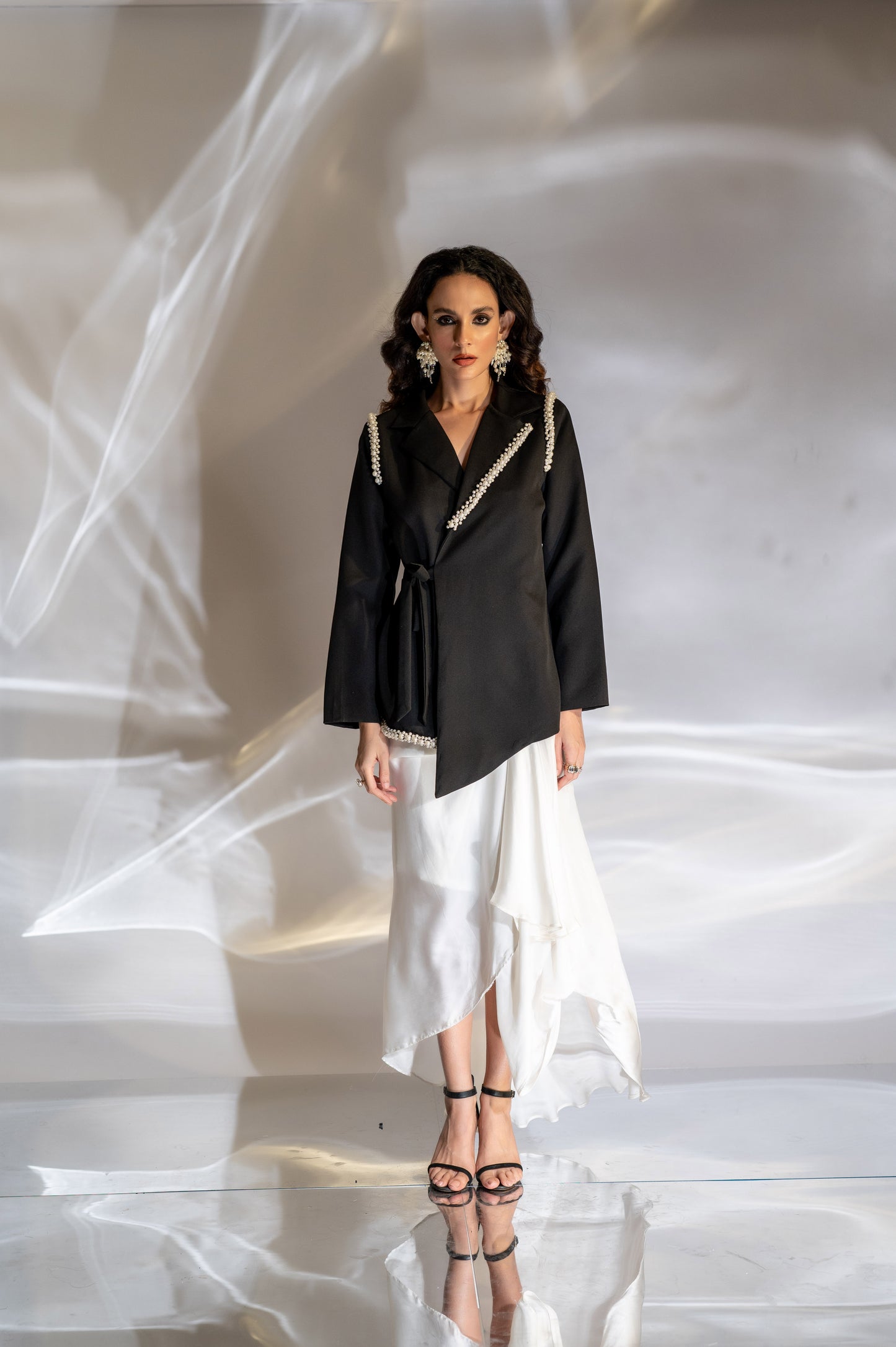 Pearl Embellished Waist Tie Blazer
