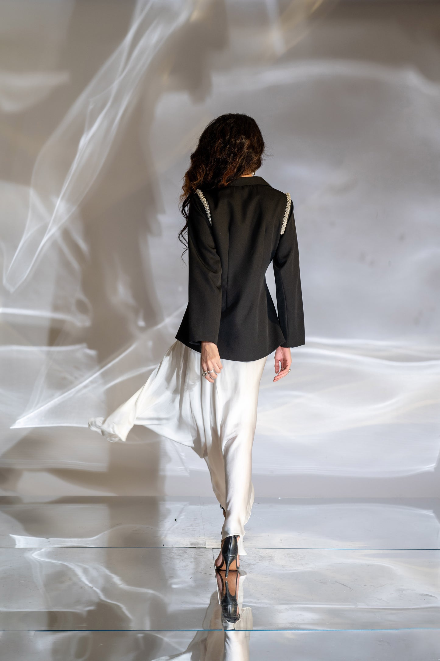 Pearl Embellished Waist Tie Blazer