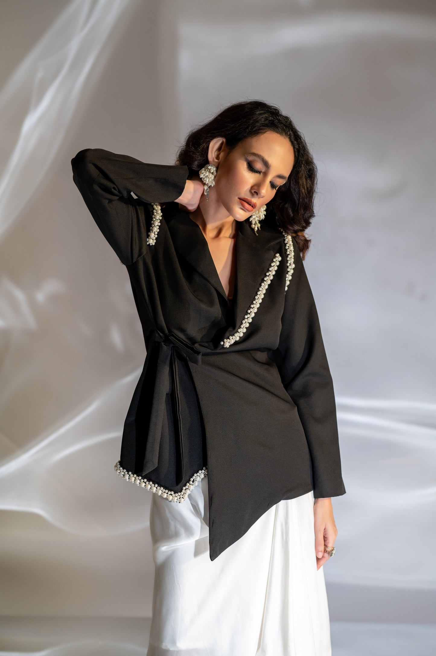 Pearl Embellished Waist Tie Blazer