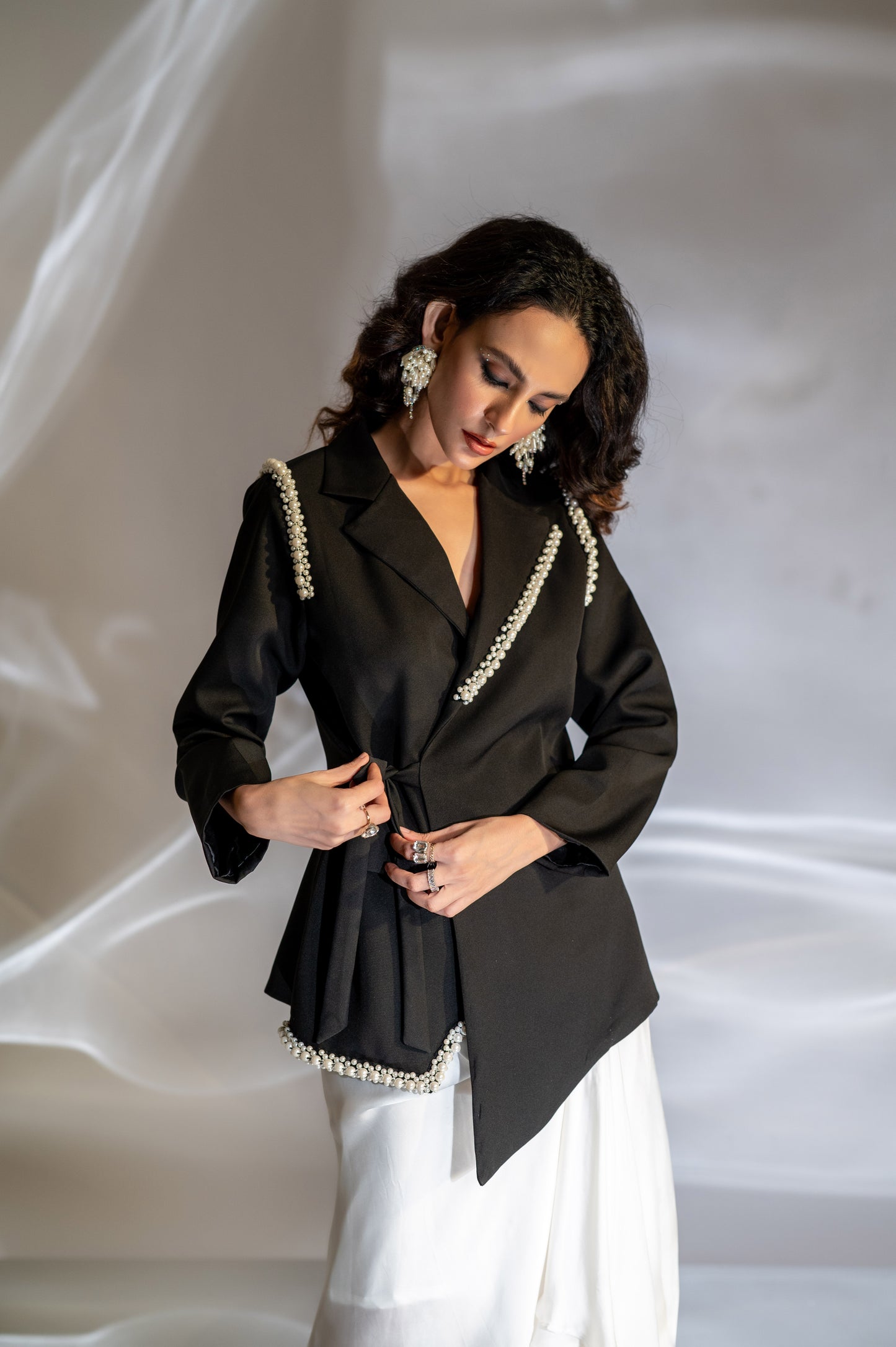 Pearl Embellished Waist Tie Blazer