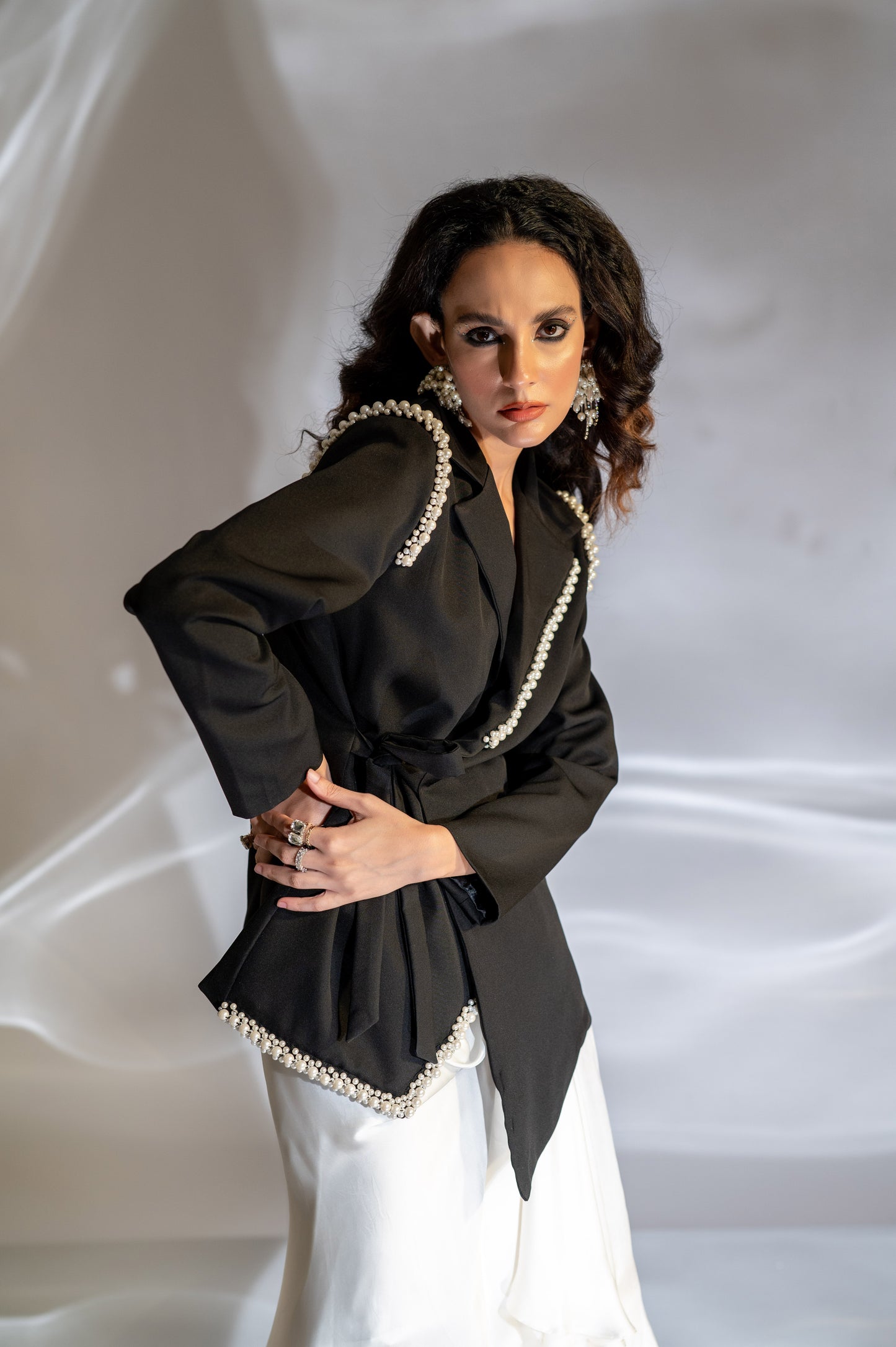 Pearl Embellished Waist Tie Blazer