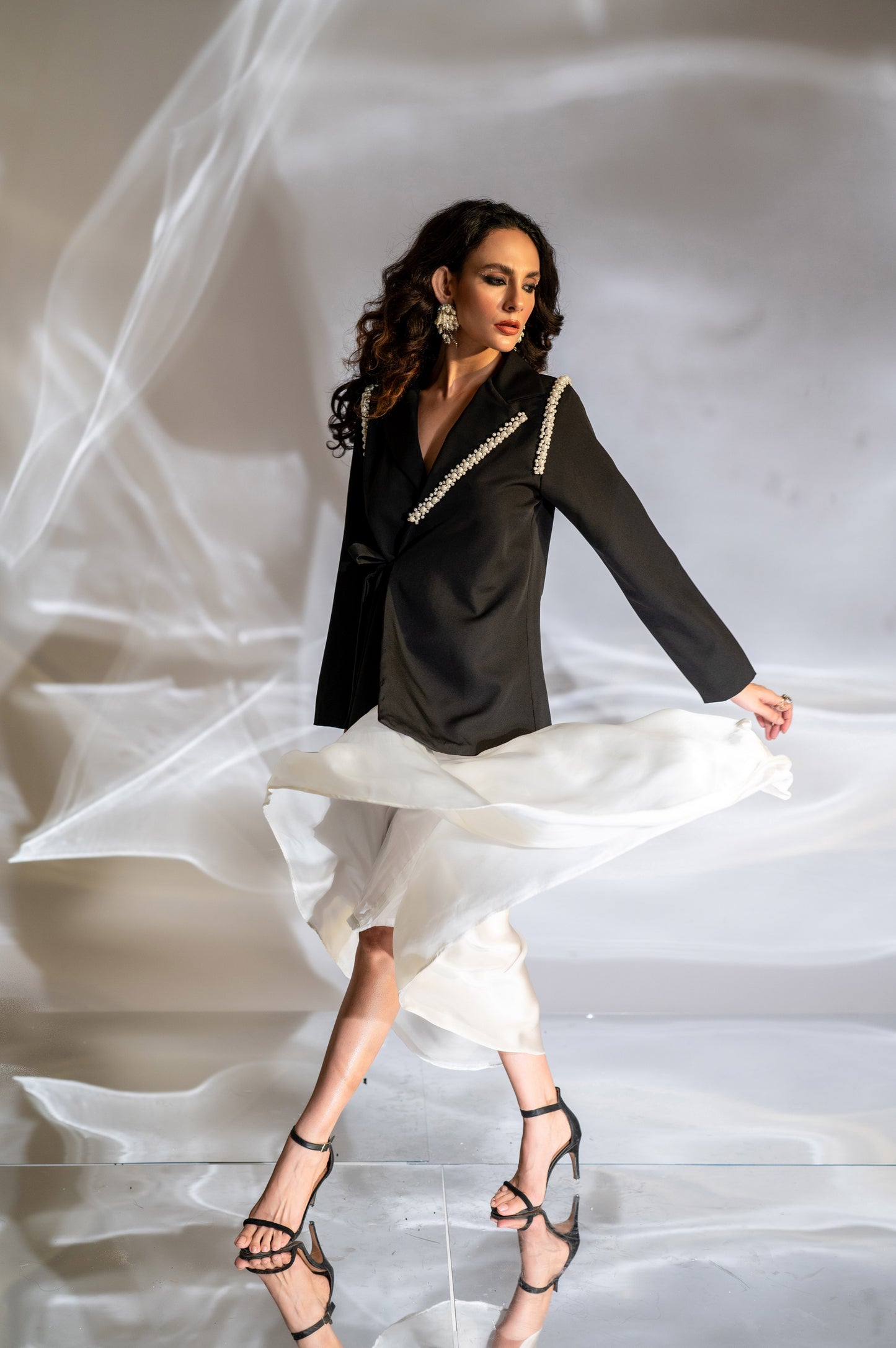 Pearl Embellished Waist Tie Blazer