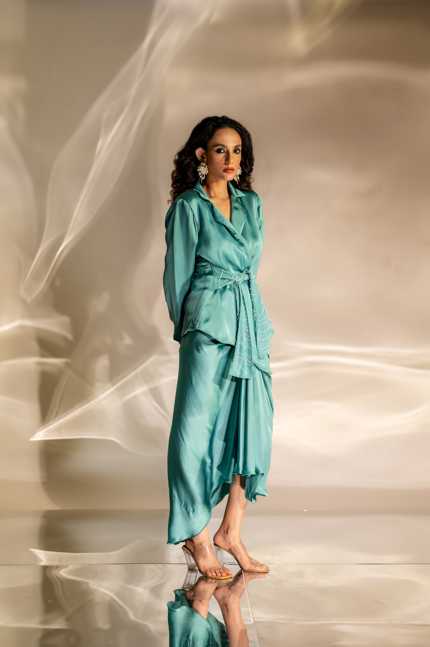 Embellished Waist Tie Blazer and Skirt Set