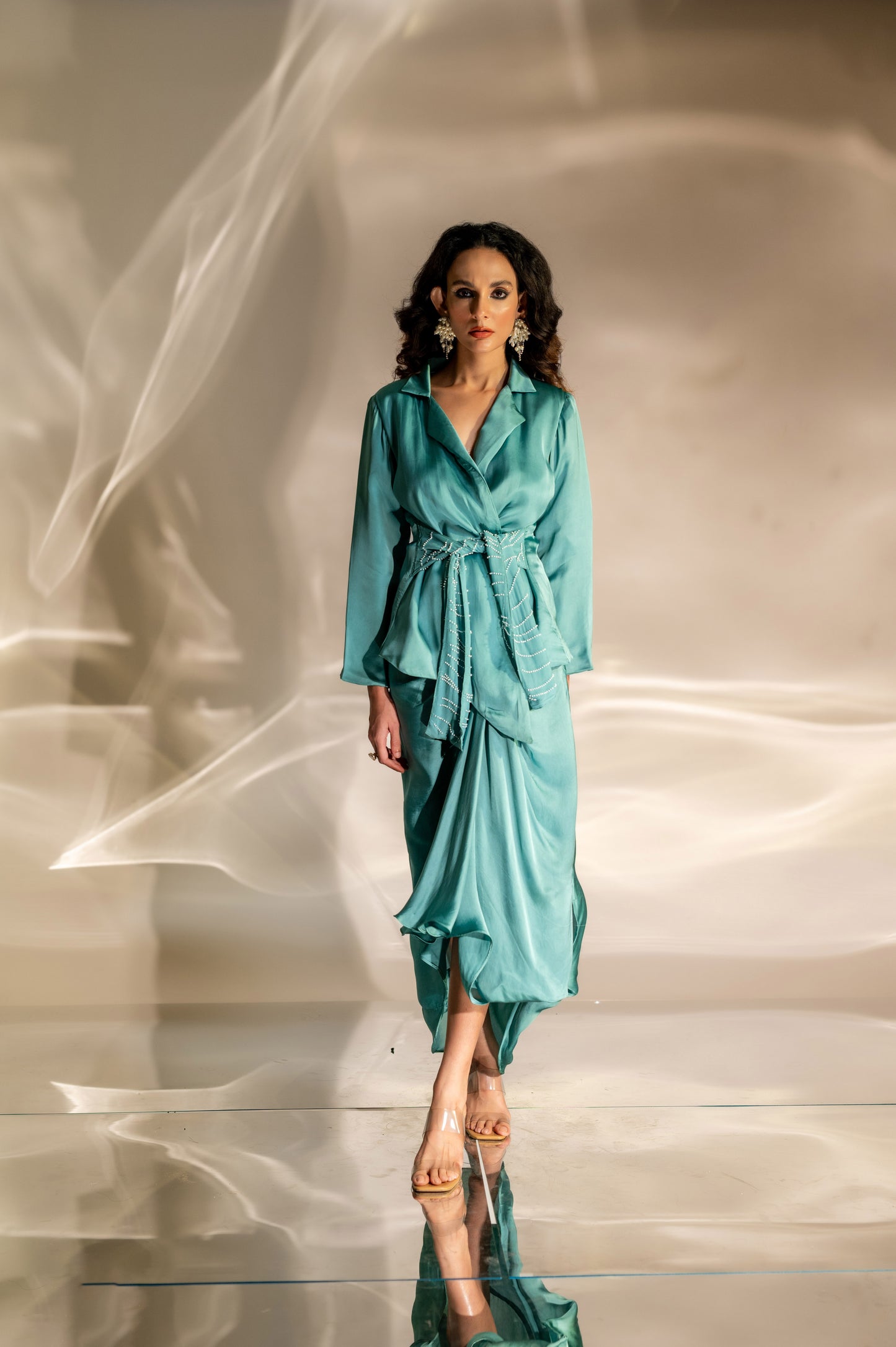 Embellished Waist Tie Blazer and Skirt Set