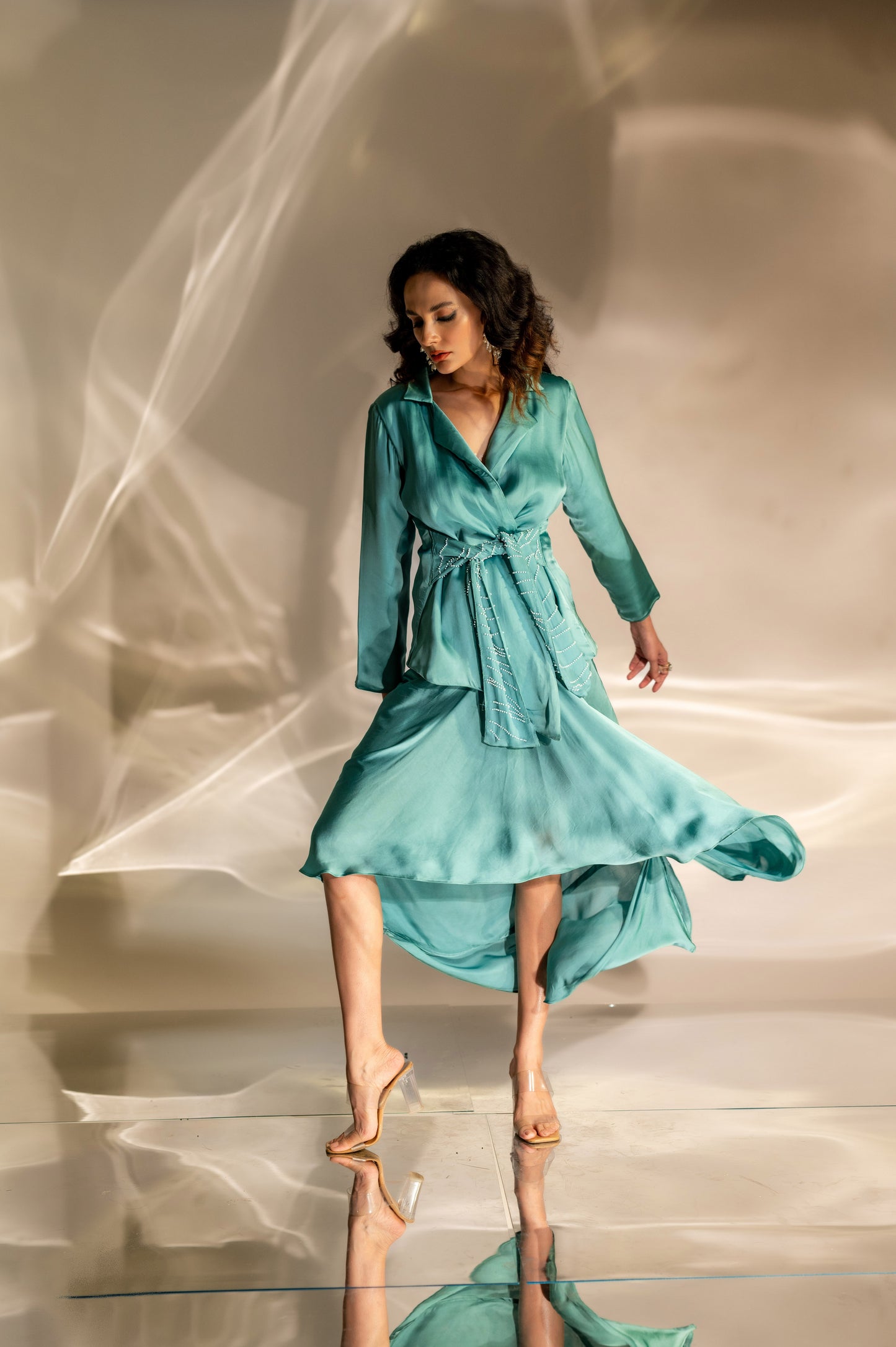 Embellished Waist Tie Blazer and Skirt Set