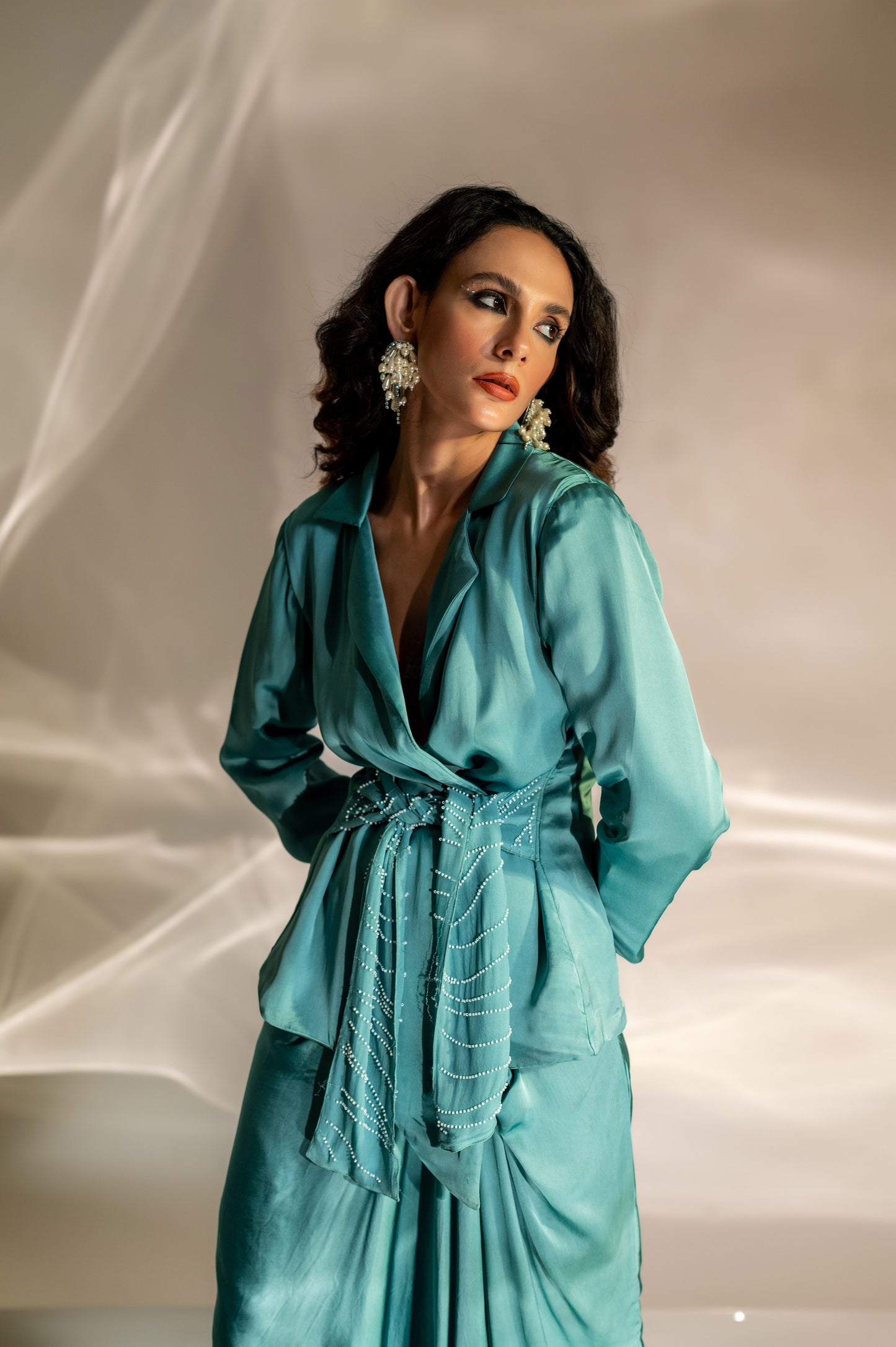 Embellished Waist Tie Blazer and Skirt Set