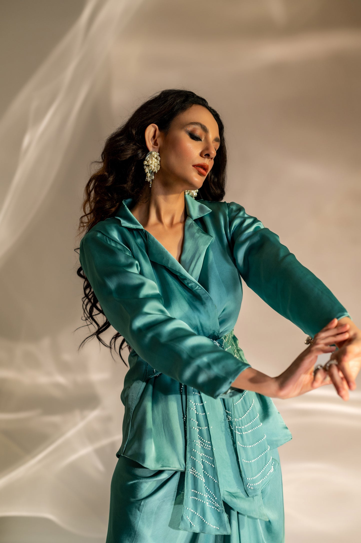 Embellished Waist Tie Blazer and Skirt Set