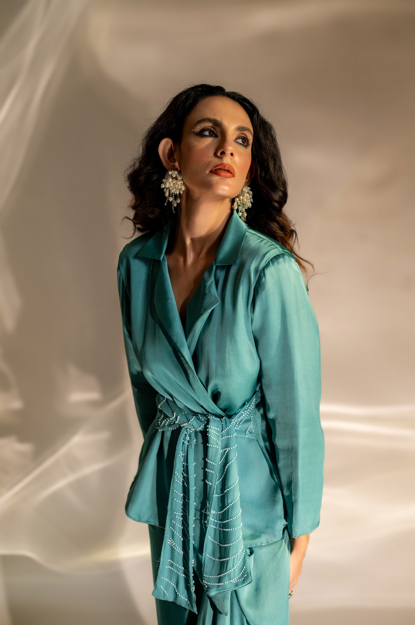 Embellished Waist Tie Blazer and Skirt Set