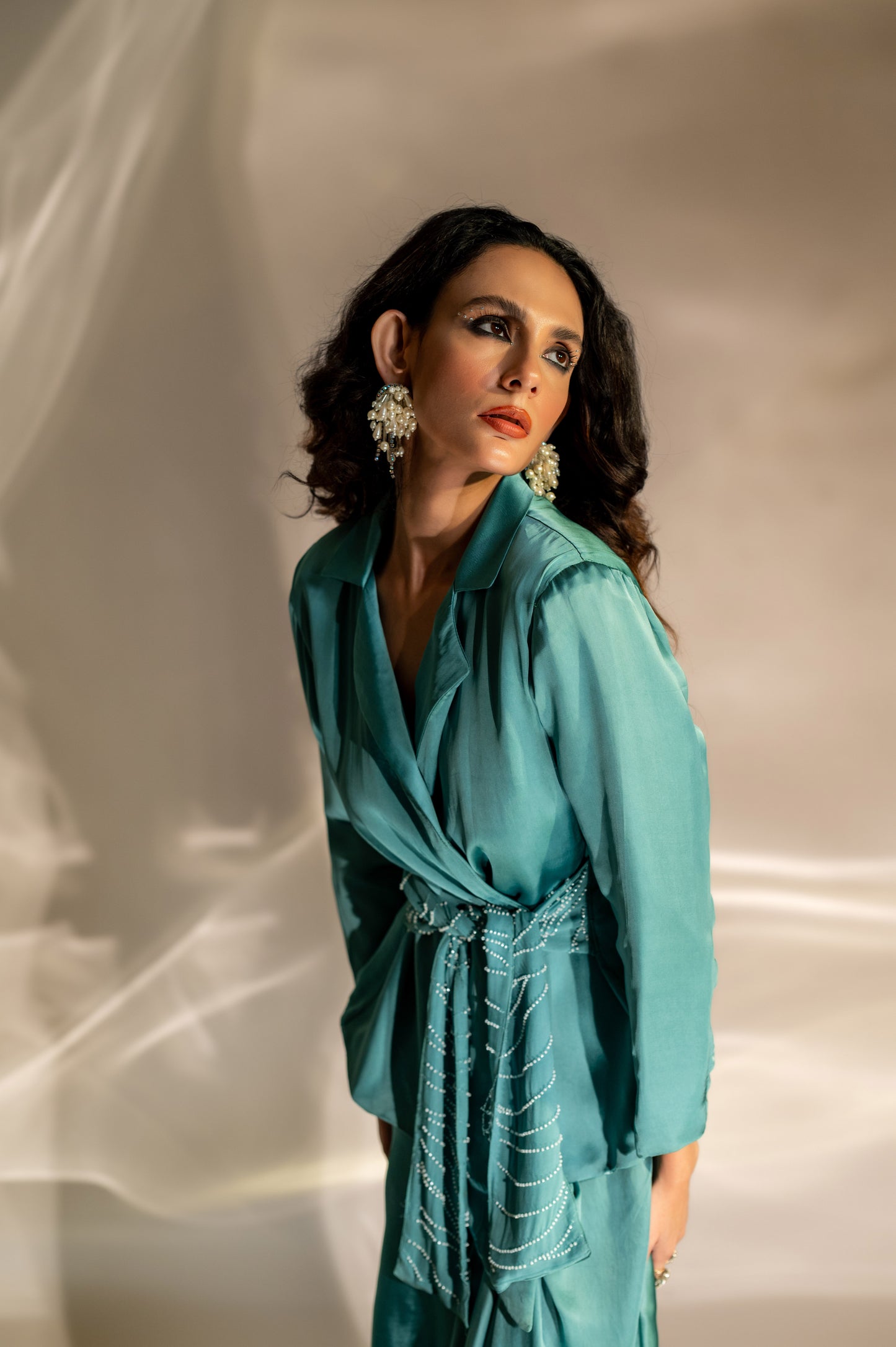 Embellished Waist Tie Blazer and Skirt Set