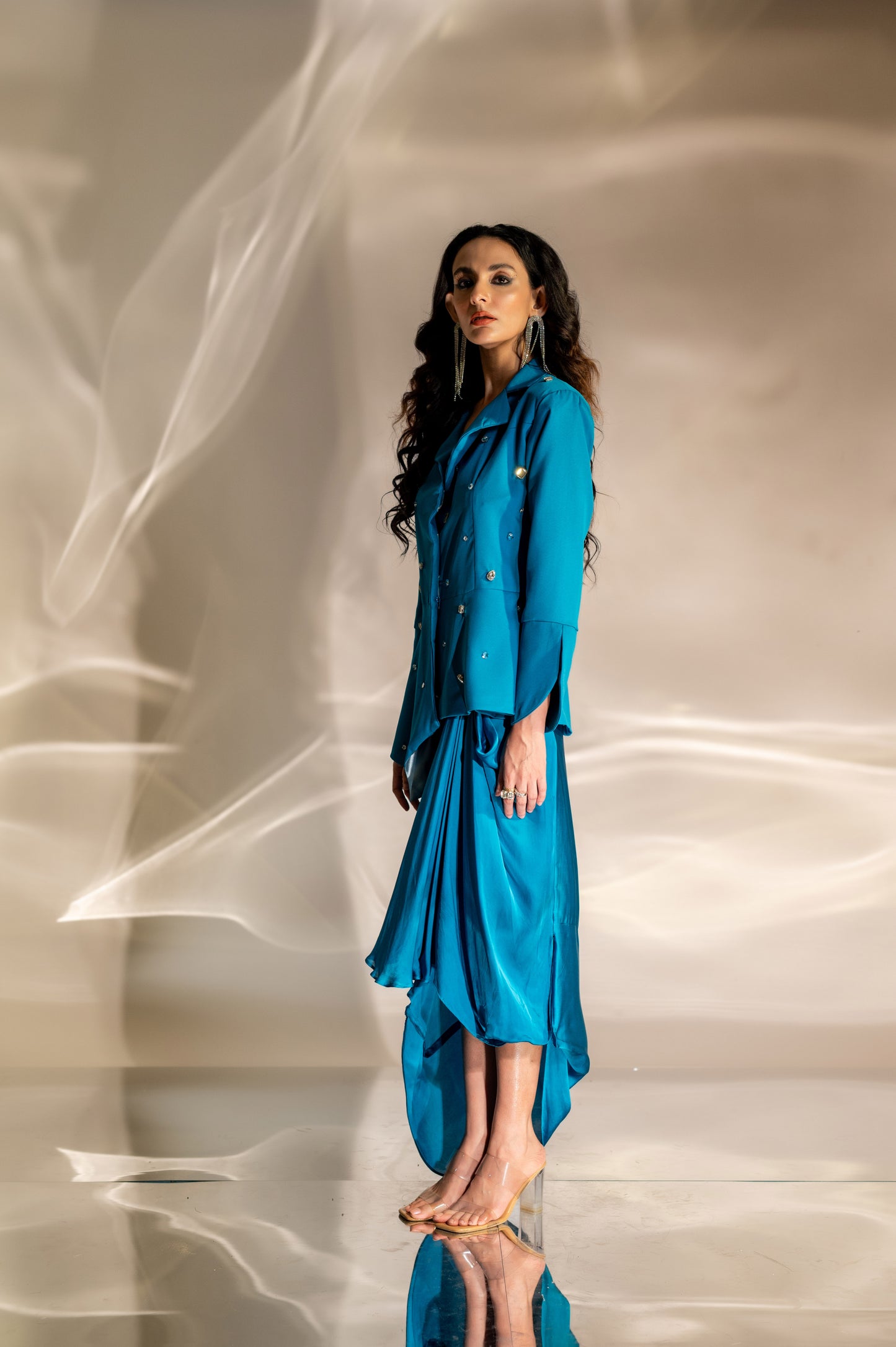 Noor Embellished Peplum Blazer and Skirt Set in Teal Blue