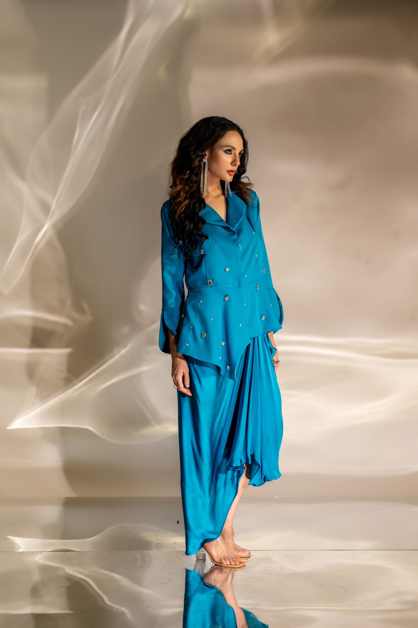 Noor Embellished Peplum Blazer in Teal Blue