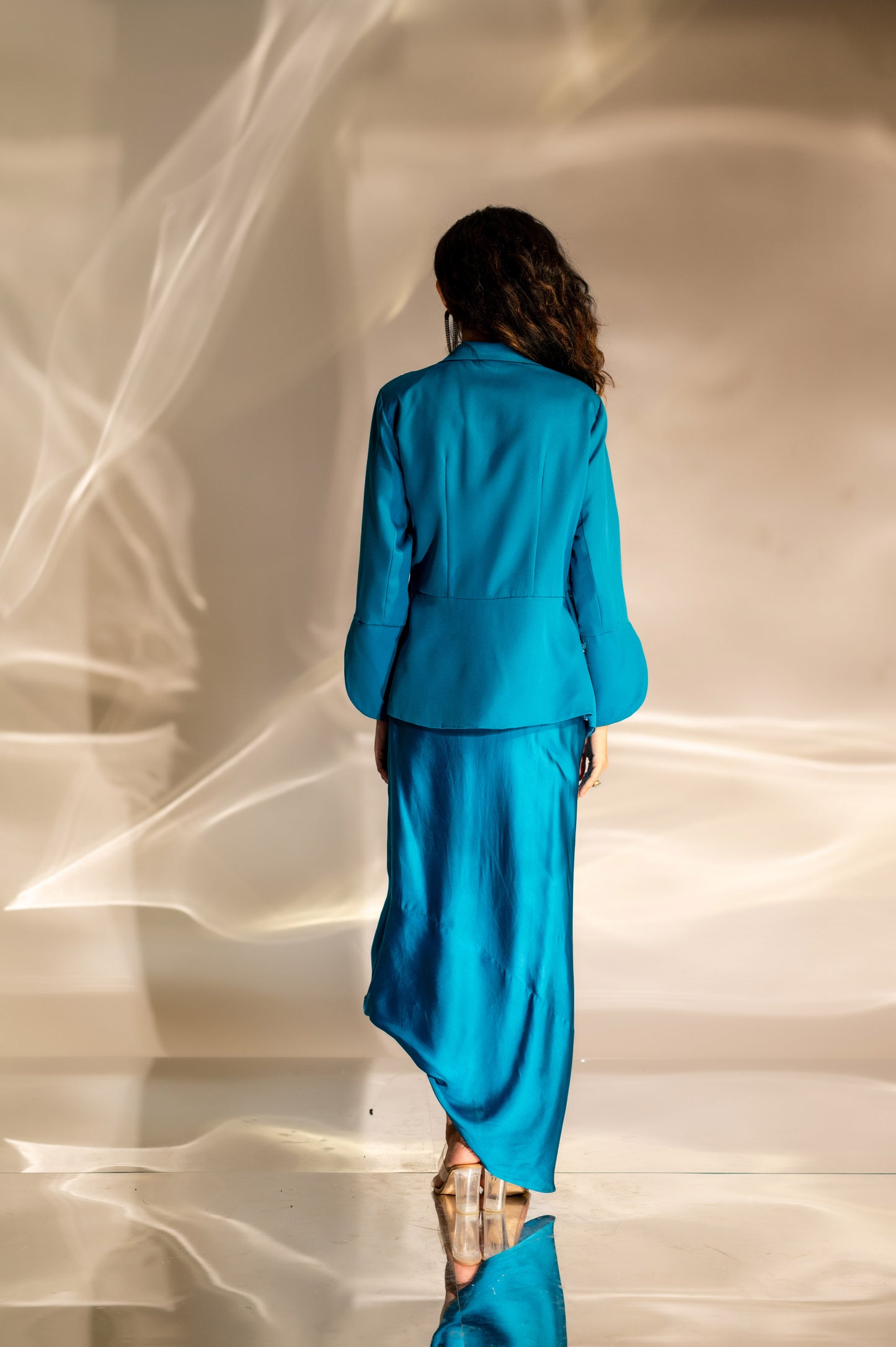 Noor Embellished Peplum Blazer and Skirt Set in Teal Blue