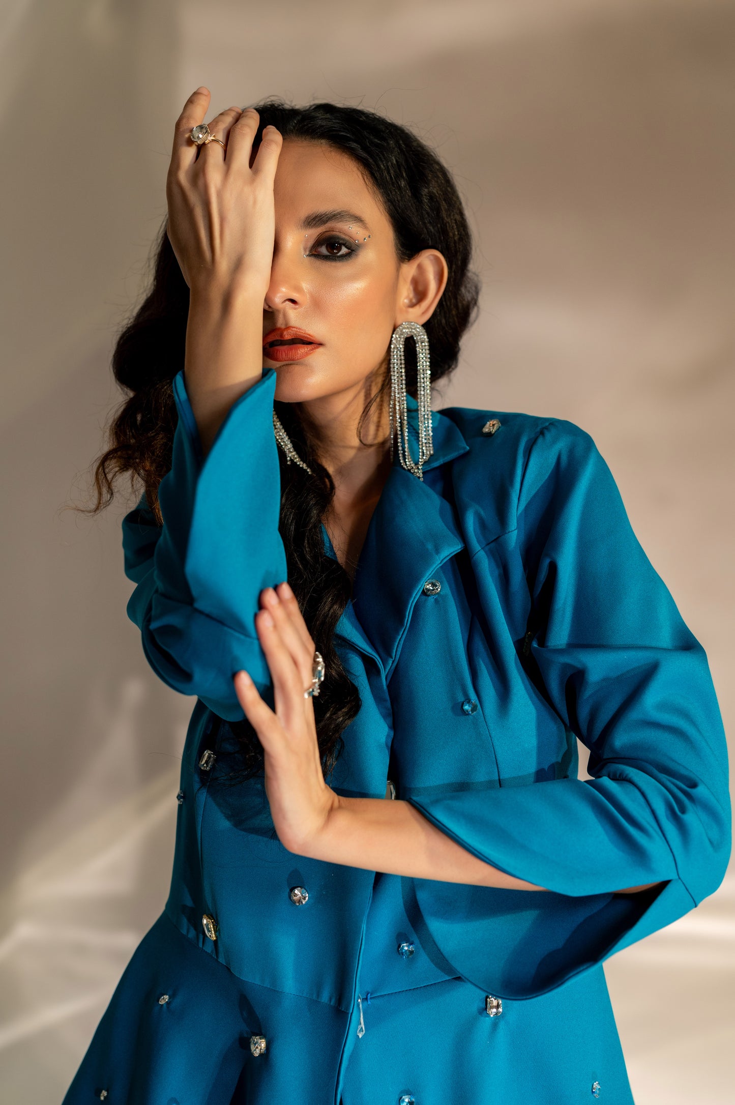 Noor Embellished Peplum Blazer and Skirt Set in Teal Blue
