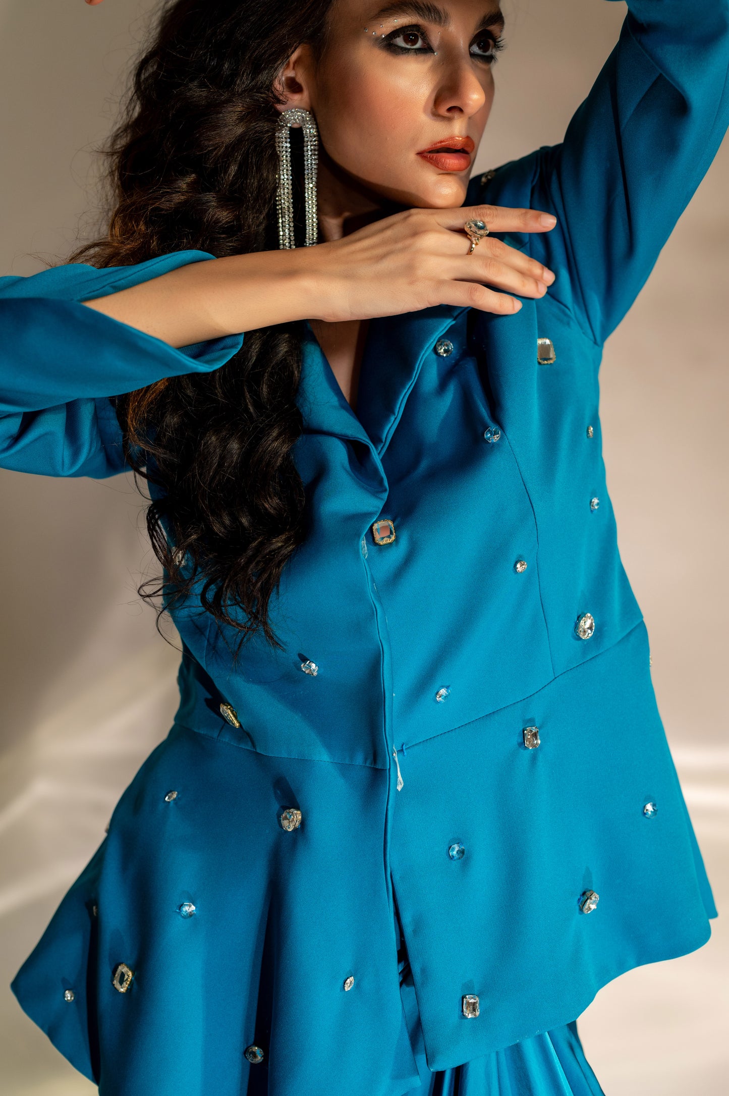 Noor Embellished Peplum Blazer in Teal Blue