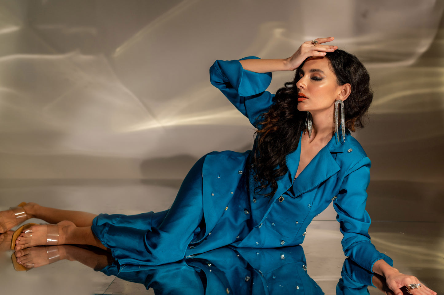 Noor Embellished Peplum Blazer in Teal Blue