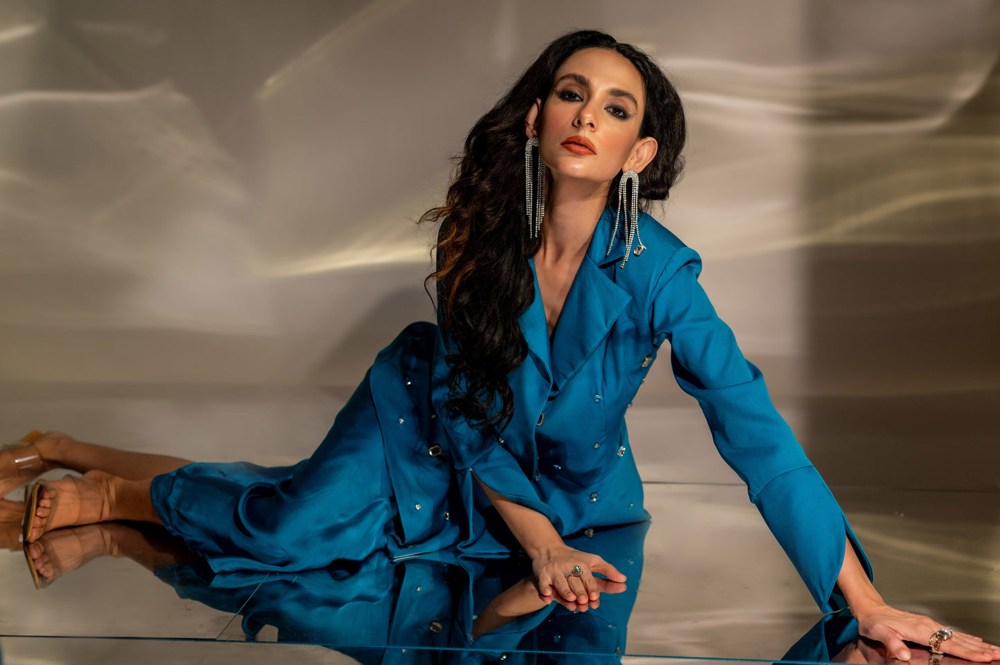 Noor Embellished Peplum Blazer in Teal Blue