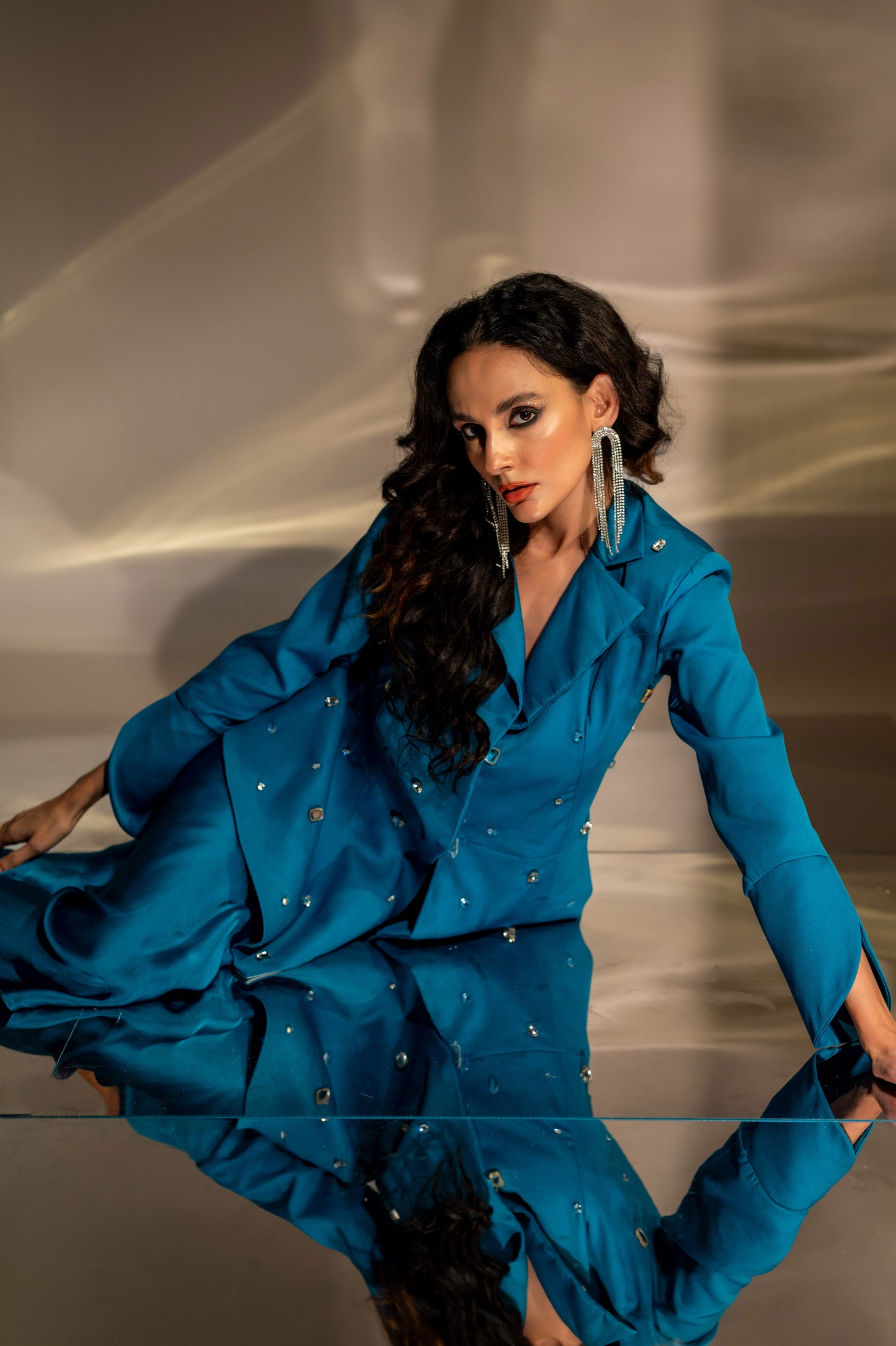 Noor Embellished Peplum Blazer and Skirt Set in Teal Blue