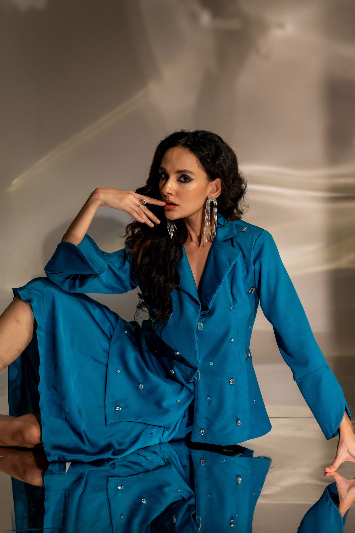 Noor Embellished Peplum Blazer in Teal Blue