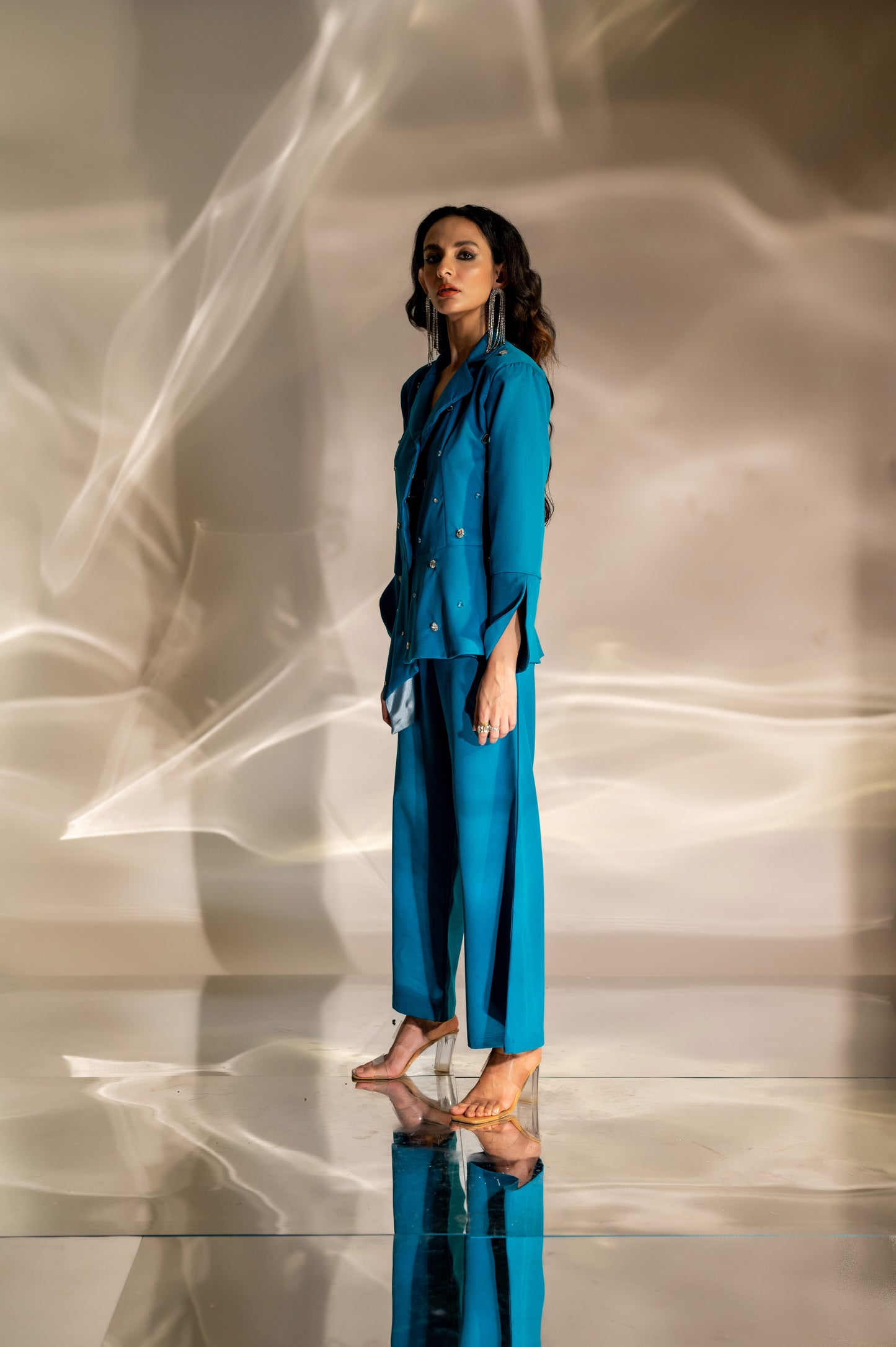 Noor Embellished Peplum Blazer in Teal Blue