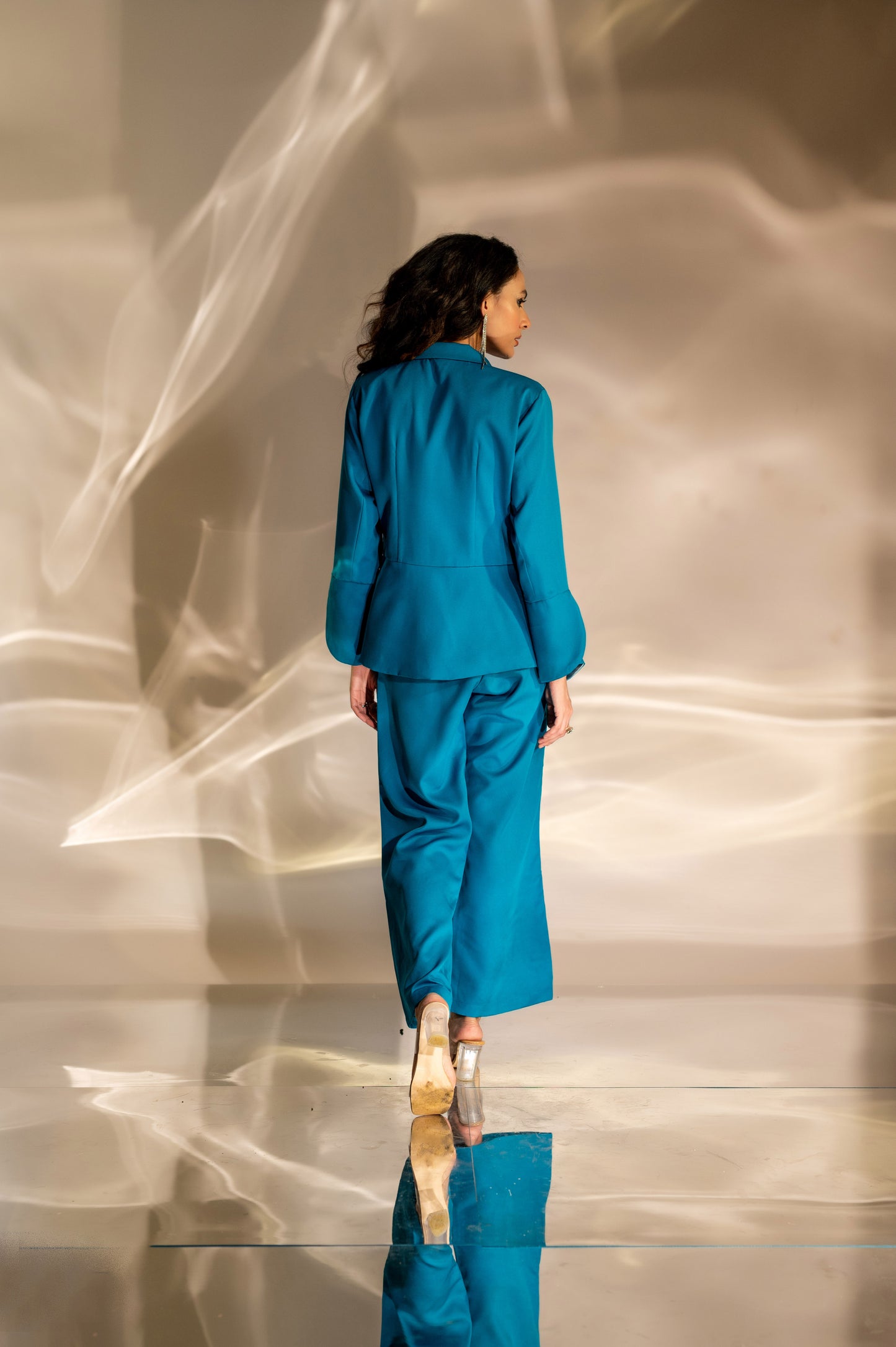 Noor Embellished Peplum Blazer in Teal Blue