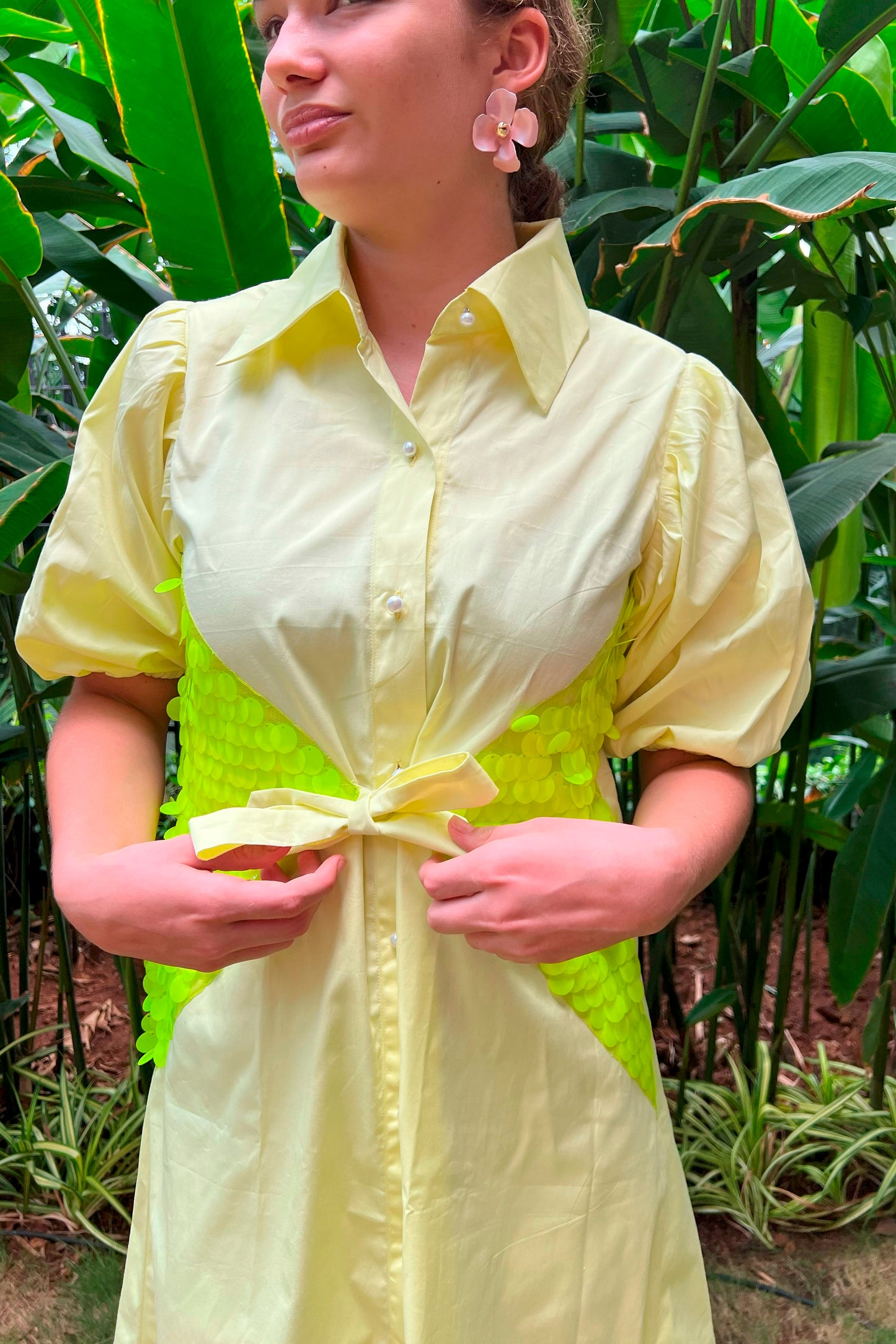 Yellow Sequin Belt Dress