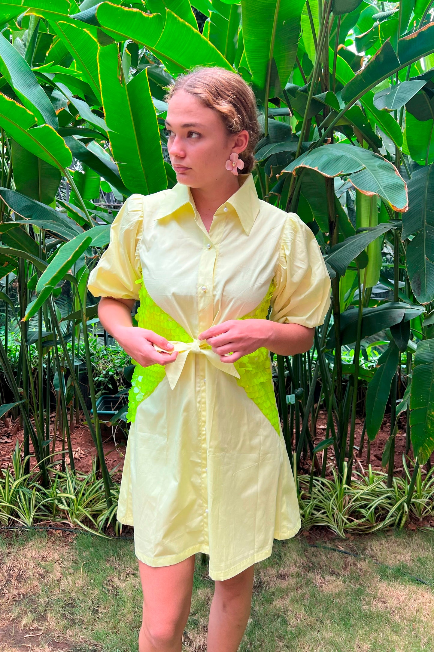 Yellow Sequin Belt Dress