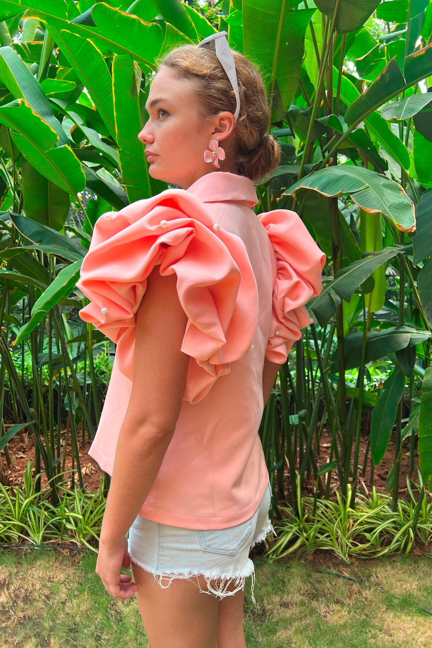Peach Top With Ruffle Sleeves