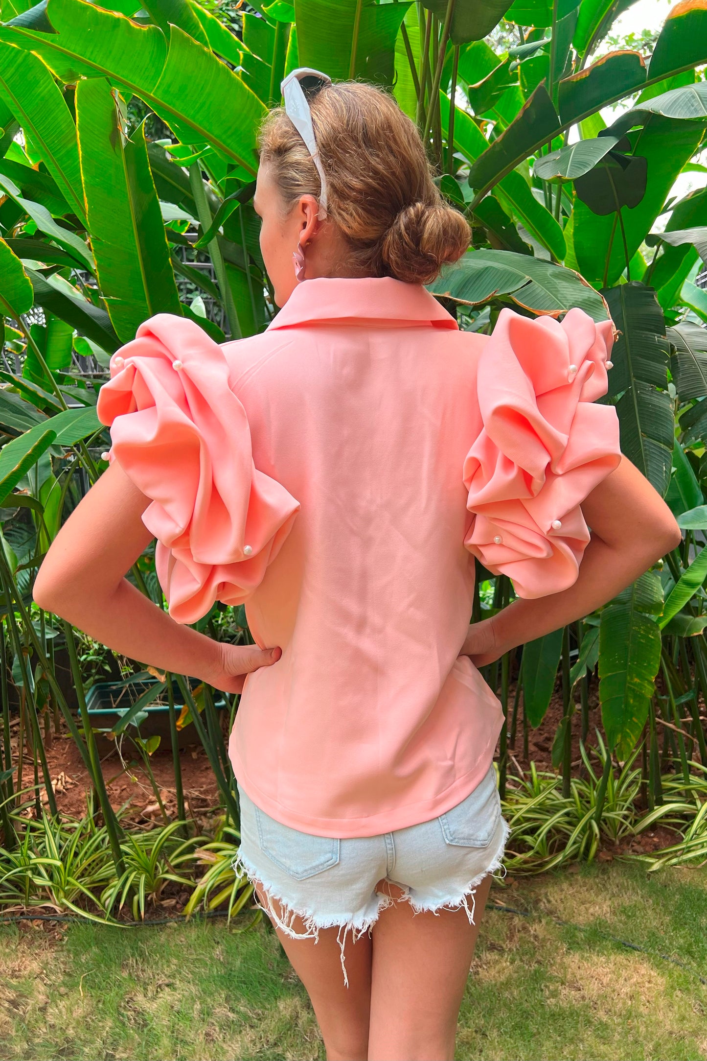 Peach Top With Ruffle Sleeves