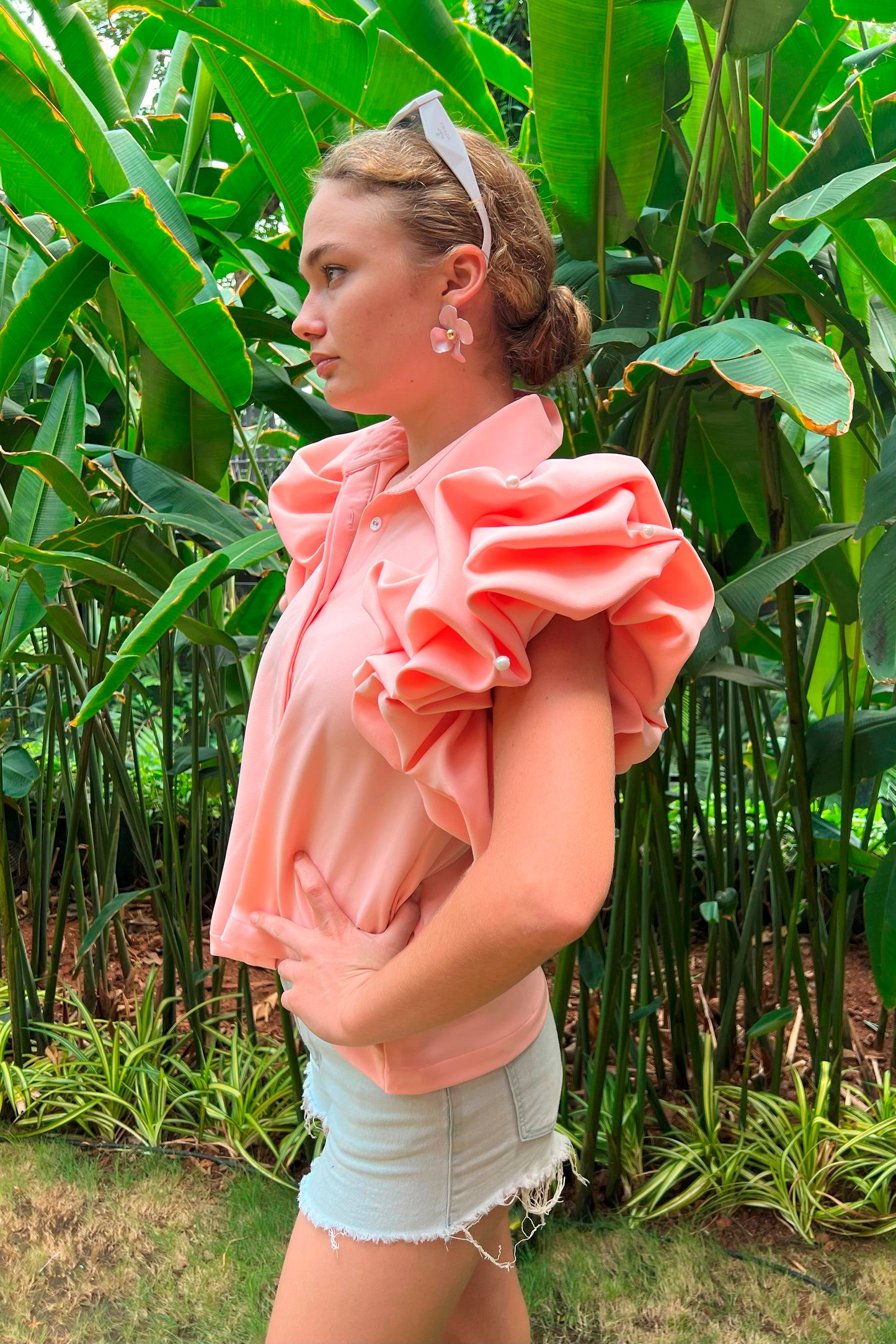 Peach Top With Ruffle Sleeves