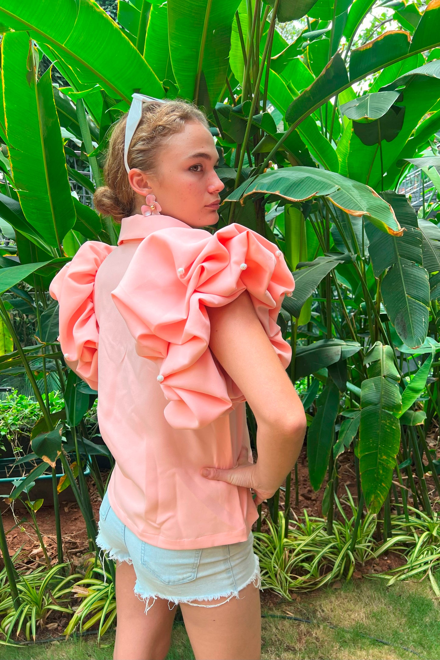 Peach Top With Ruffle Sleeves