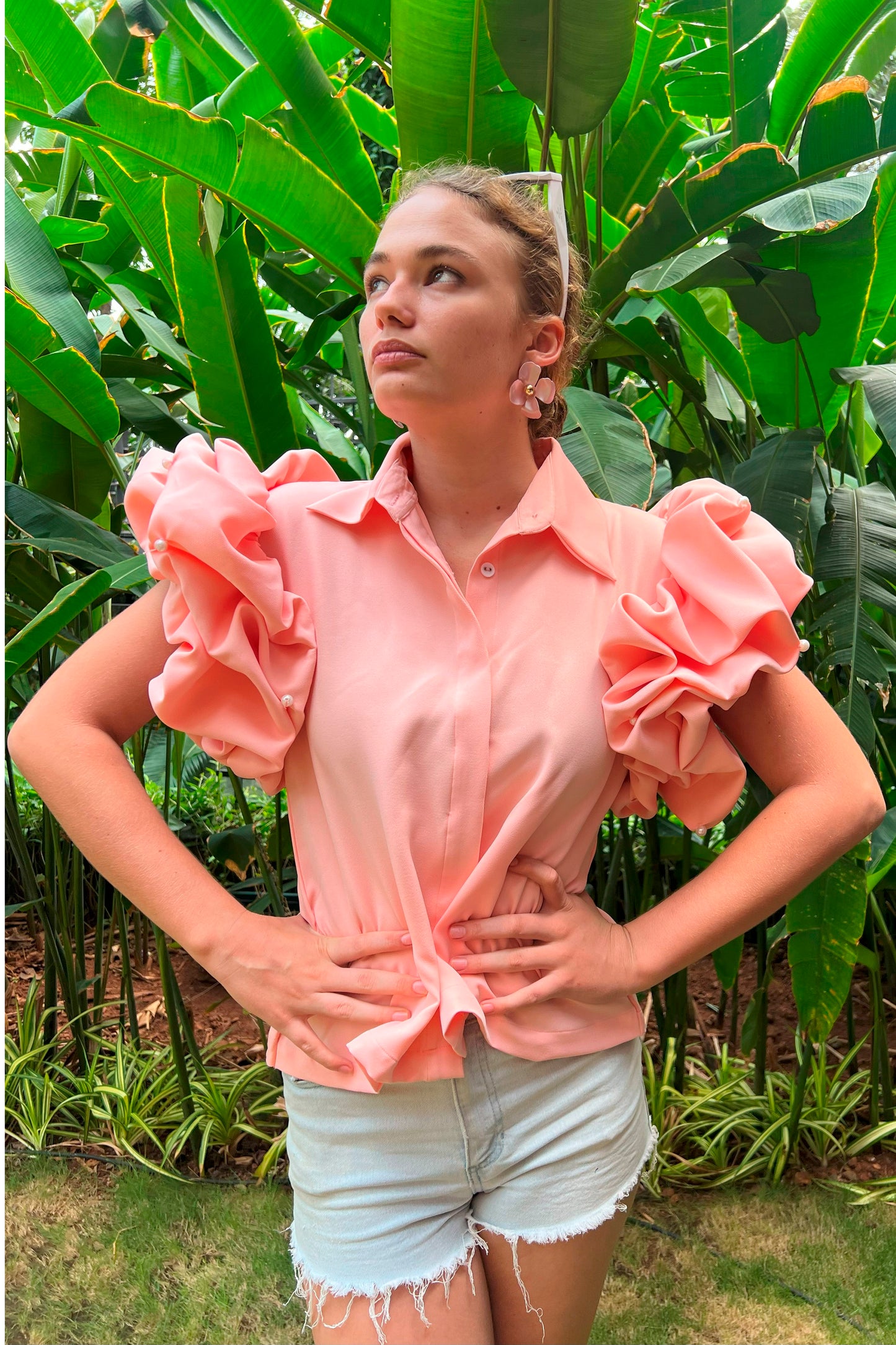 Peach Top With Ruffle Sleeves