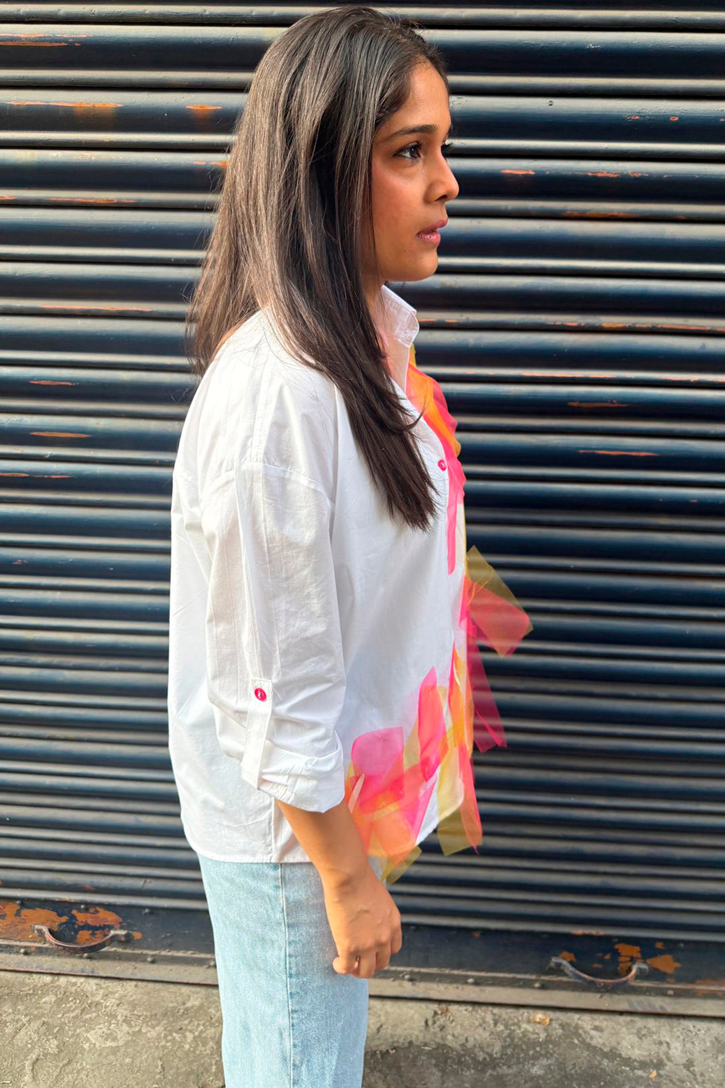 Shirt with net patches and sequin detail pink