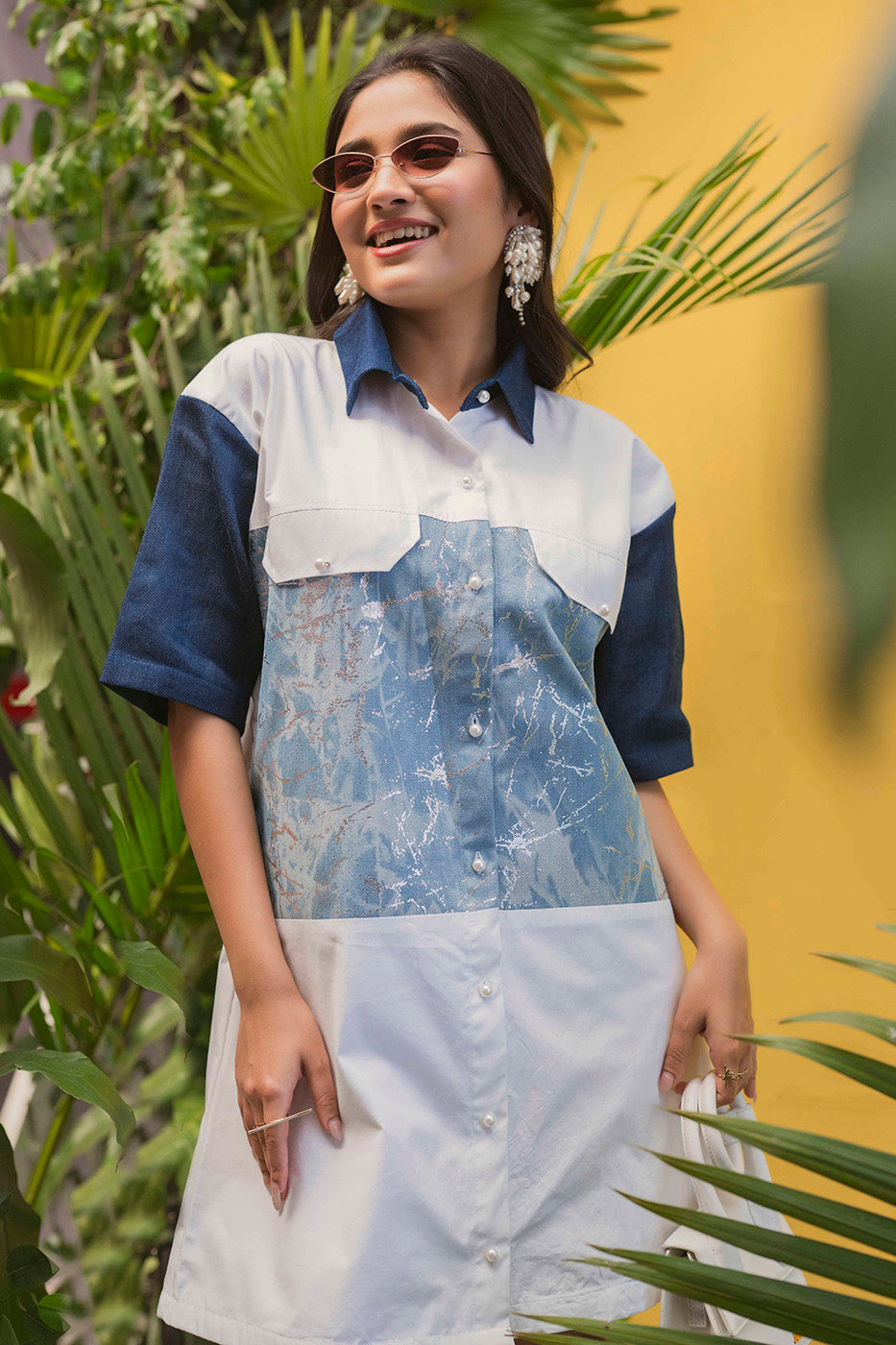 Boxy Shirtdress with Denim Foil