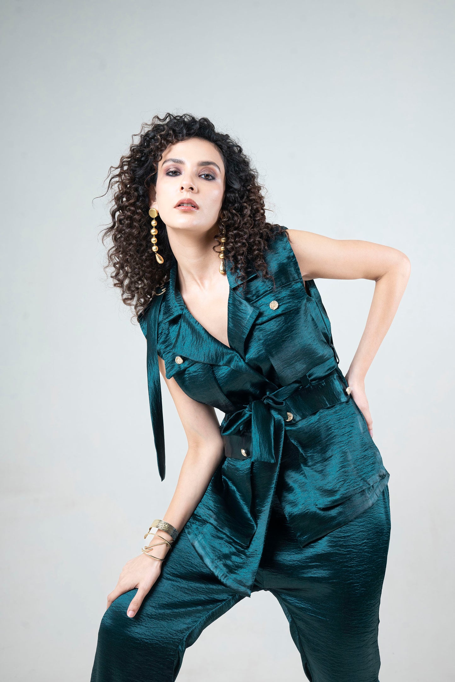 Glossy Sleeveless Blazer and Pant Set