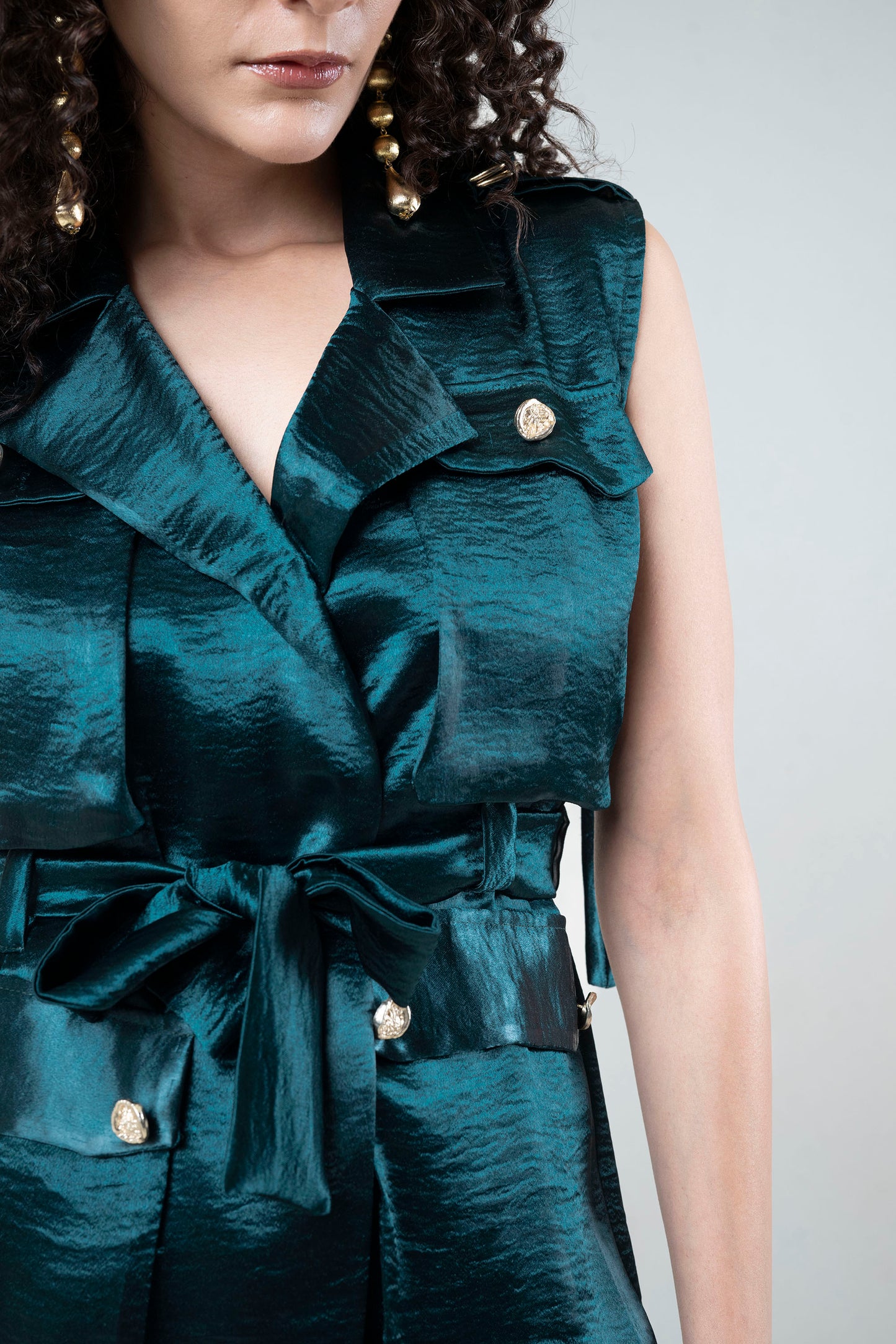 Glossy Sleeveless Blazer and Pant Set